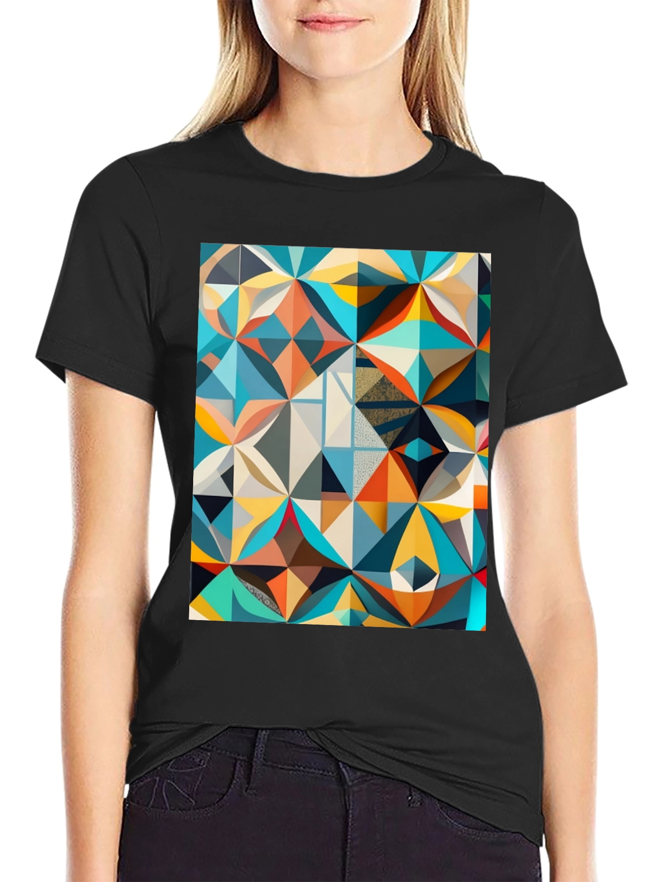 Geometric Mosaic Print Black T-Shirt