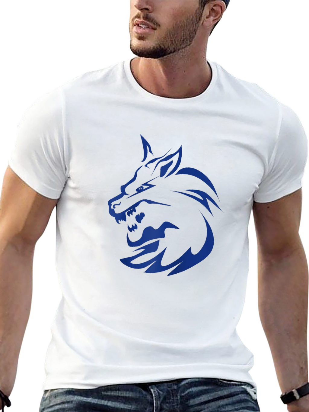 Mens Black T-Shirt with Blue Wolf Graphic