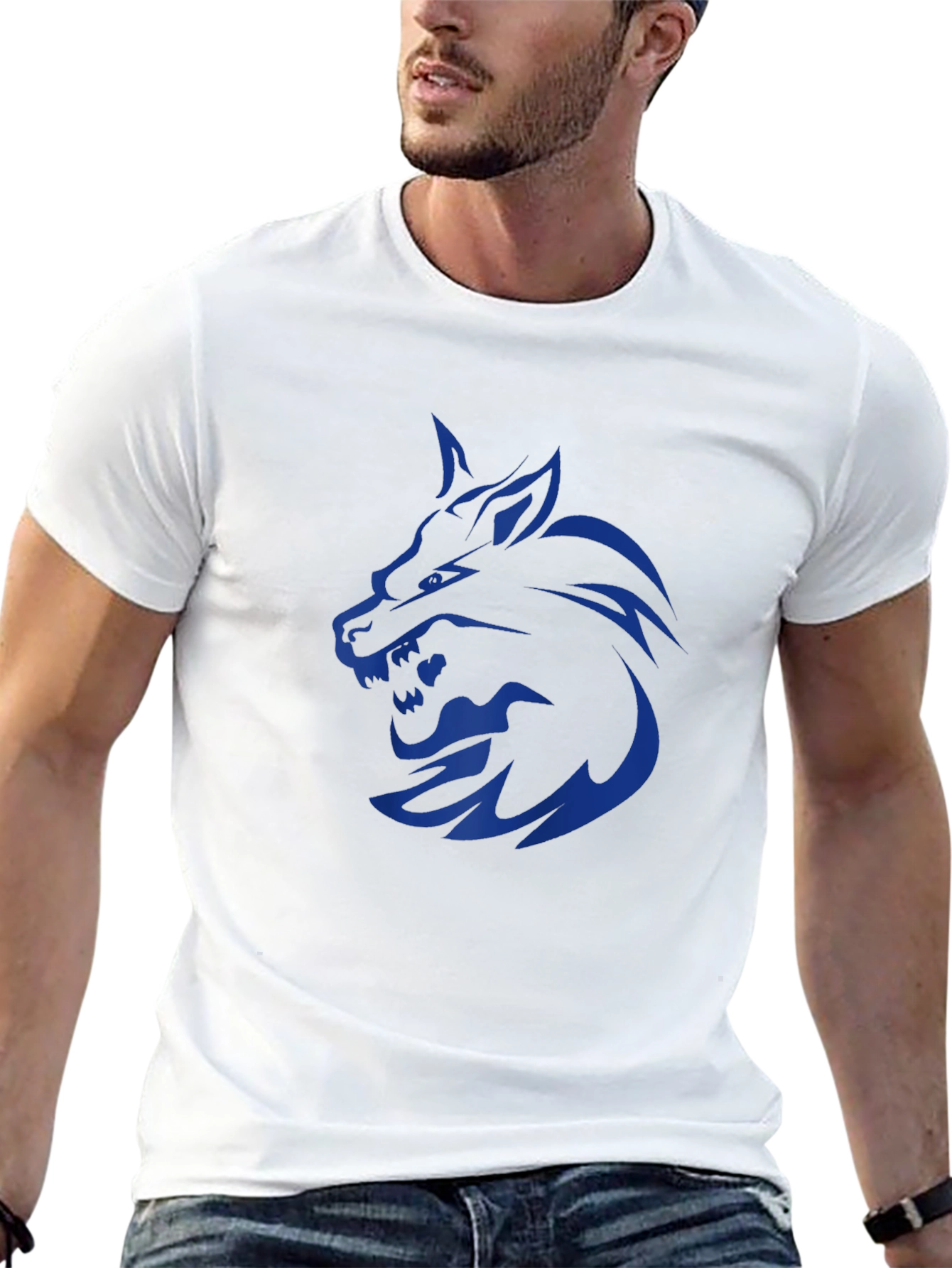Mens Black T-Shirt with Blue Wolf Graphic