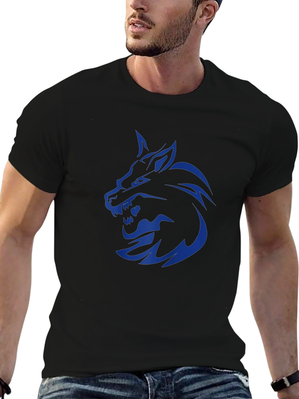 Mens Black T-Shirt with Blue Wolf Graphic