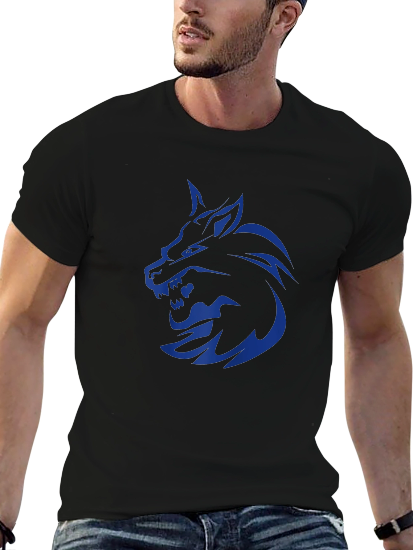 Mens Black T-Shirt with Blue Wolf Graphic