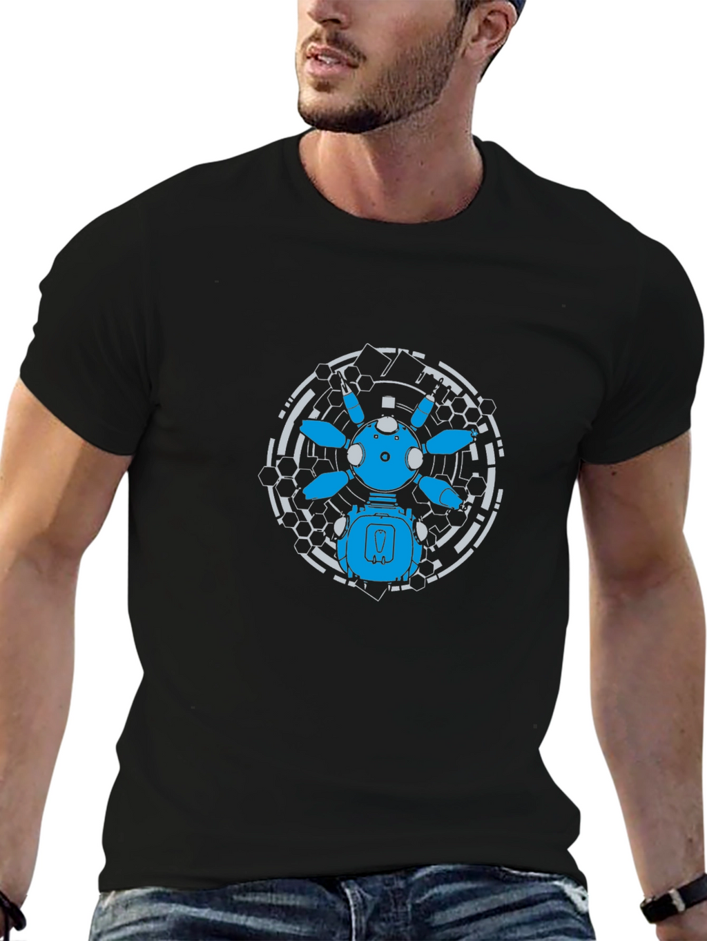 Futuristic Robot Graphic Tee - Black Cotton T-Shirt
