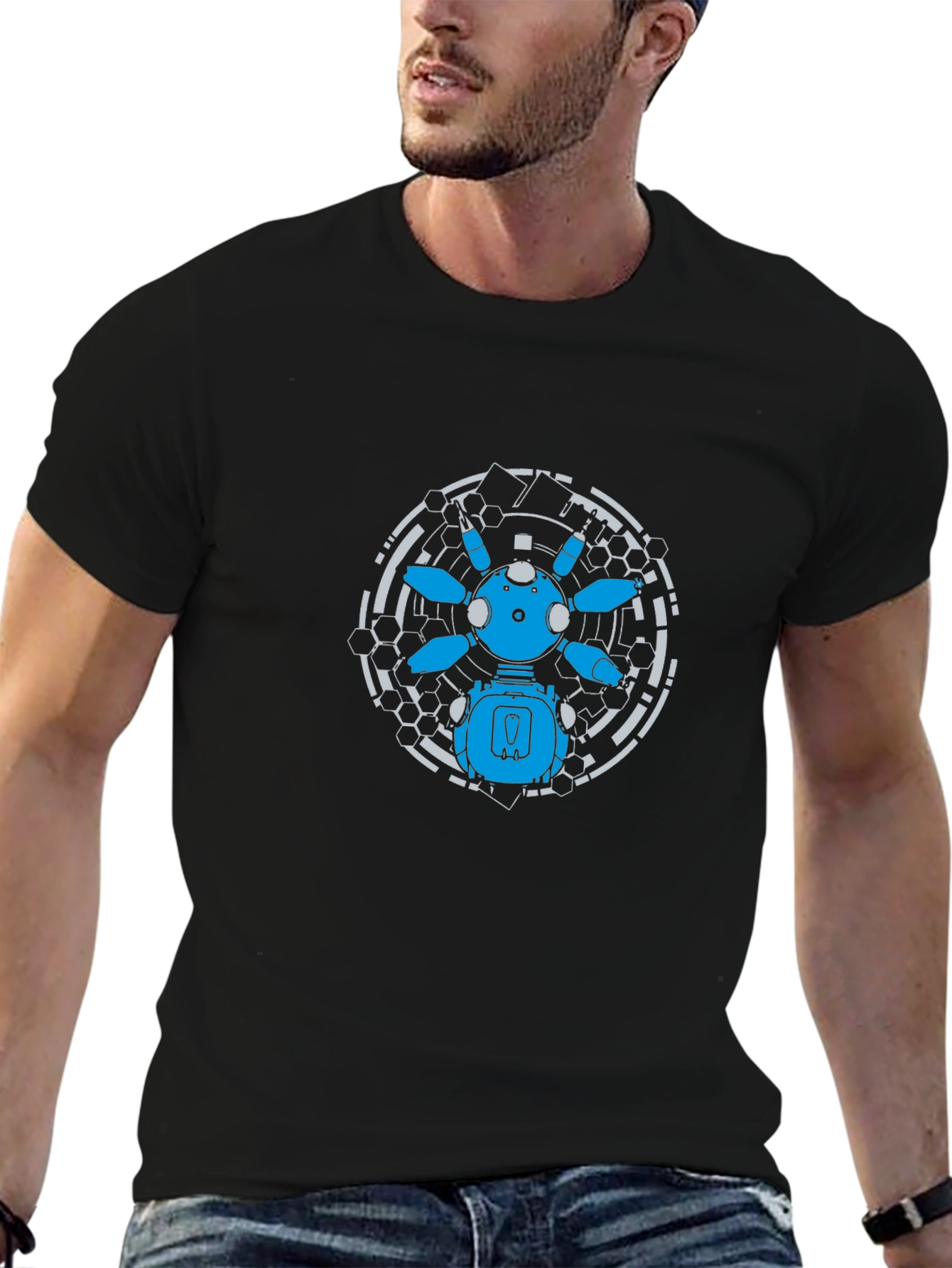 Futuristic Robot Graphic Tee - Black Cotton T-Shirt