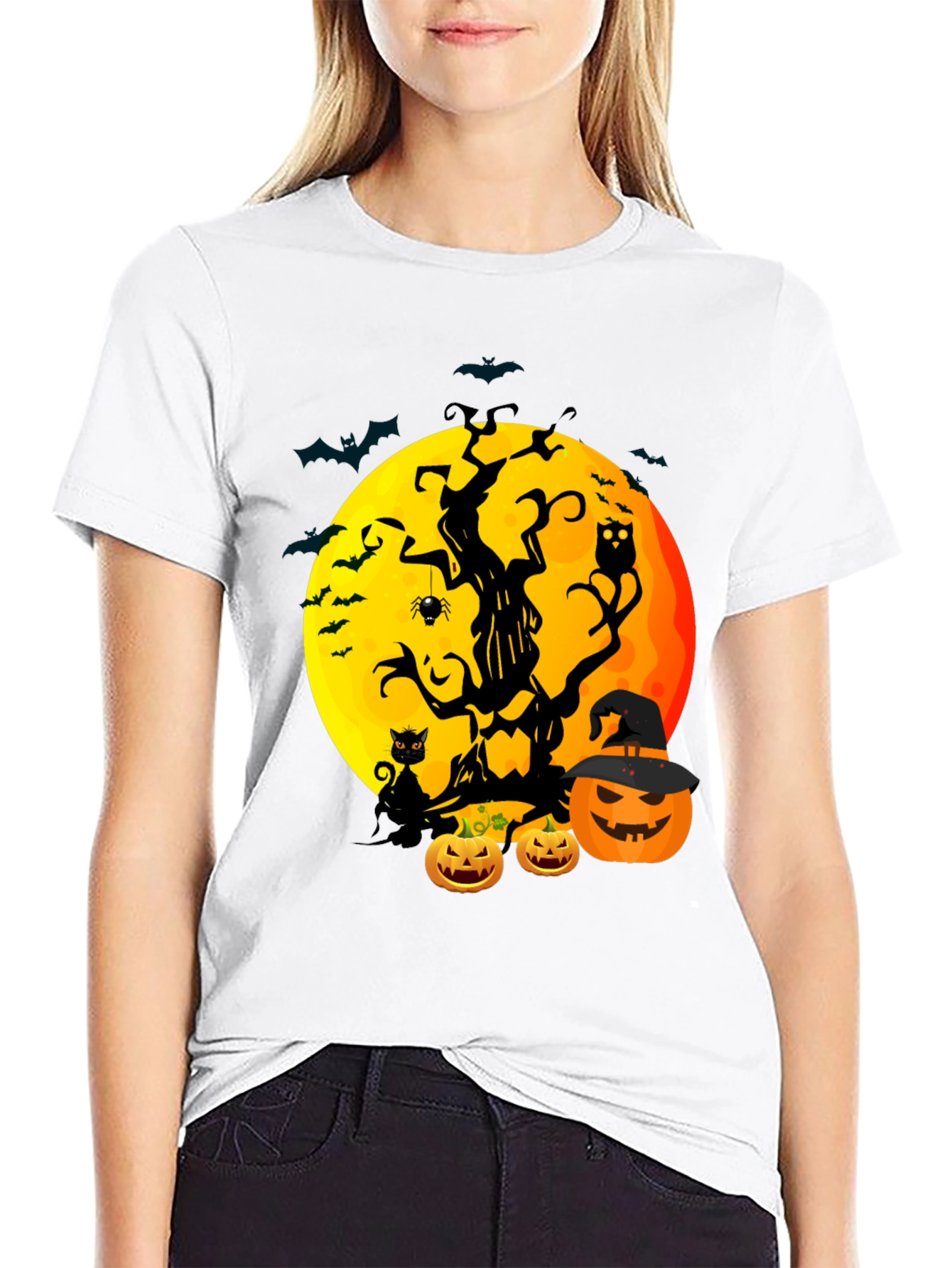 Halloween Tree Moon & Pumpkin Graphic Tee