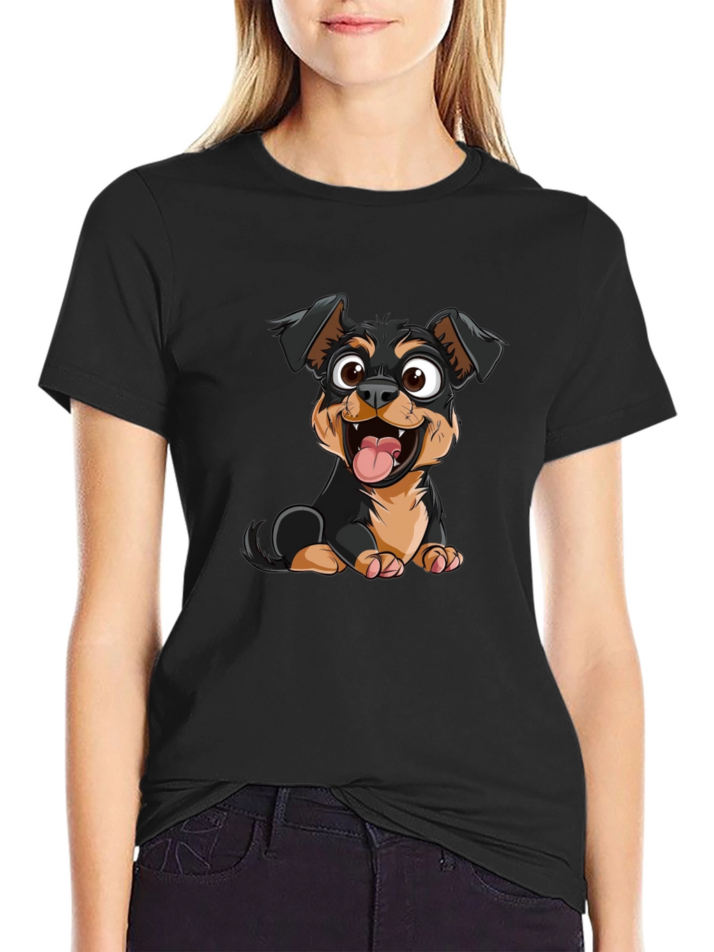 Cartoon Dog Graphic Print Black T-Shirt