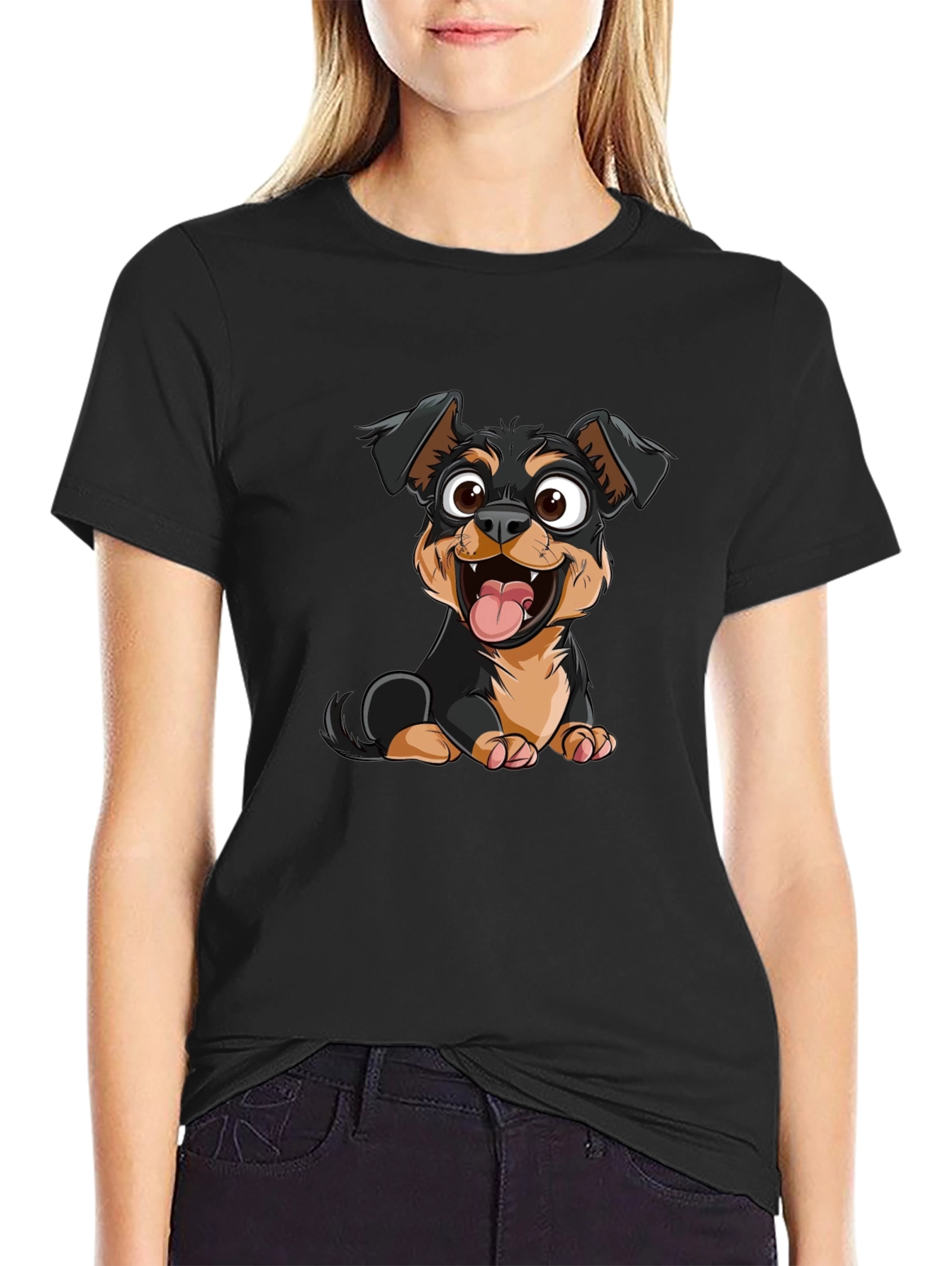 Cartoon Dog Graphic Print Black T-Shirt