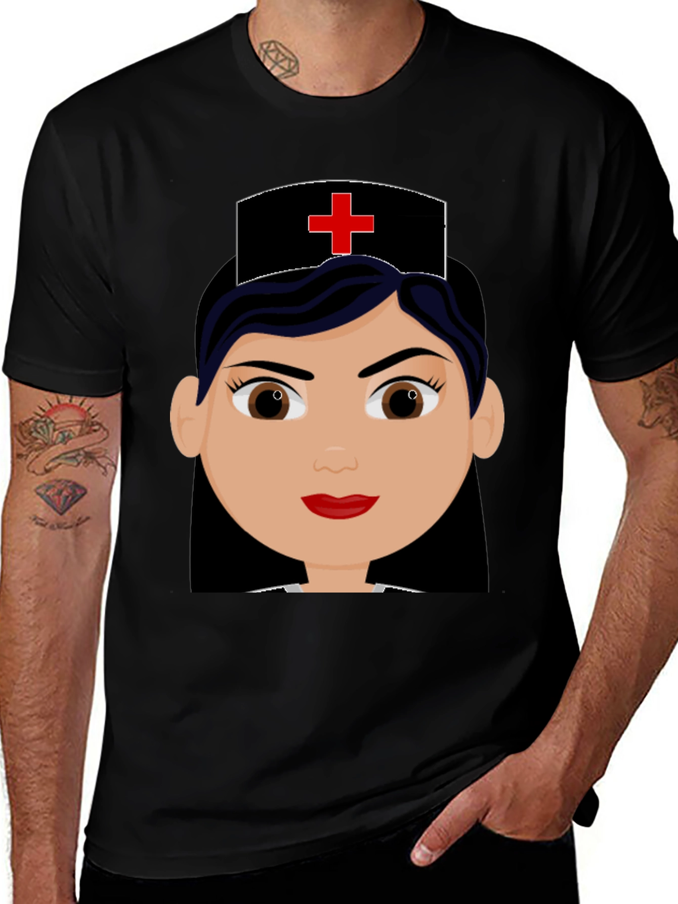 Cartoon Nurse Graphic Black T-Shirt