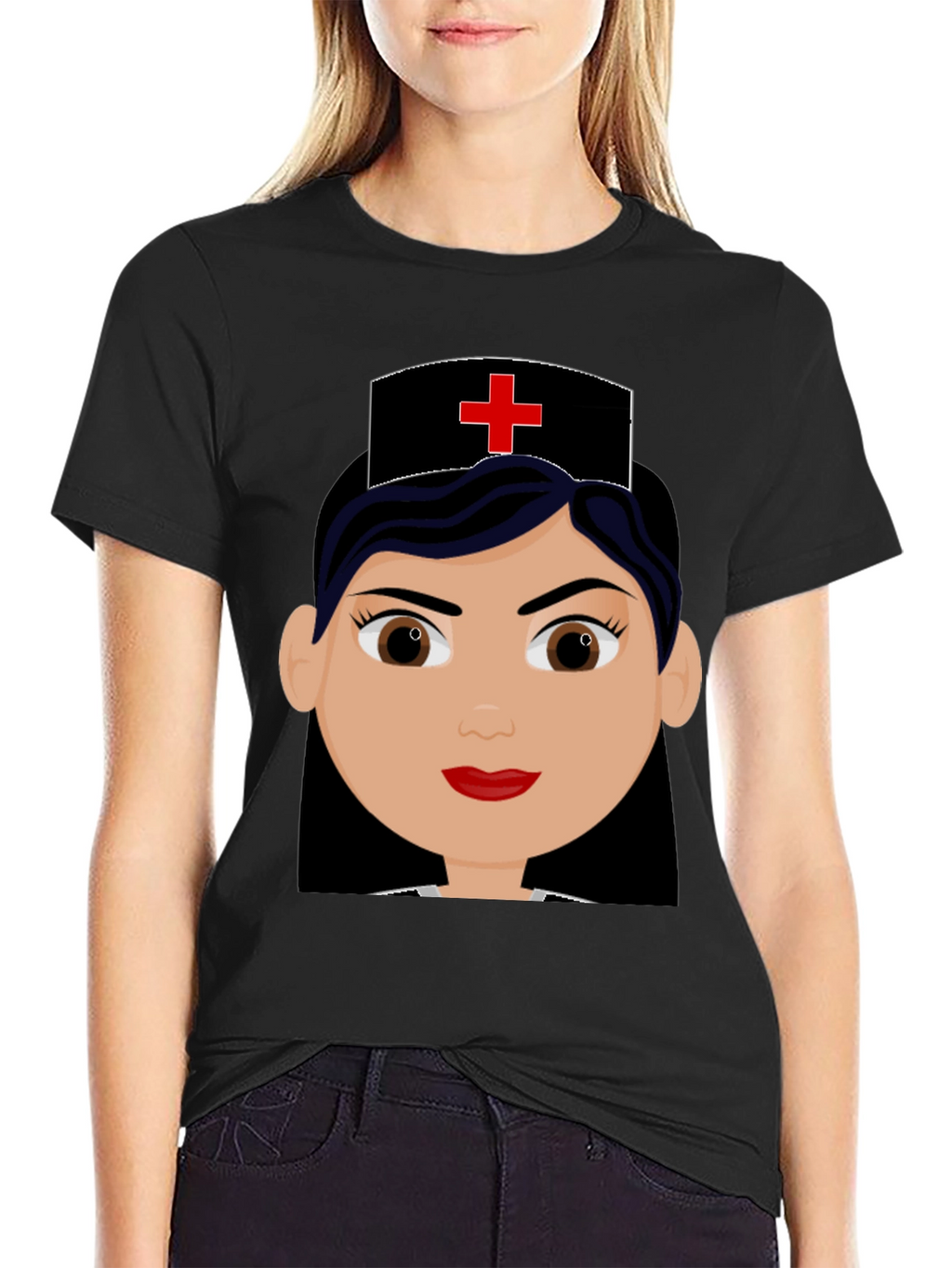 Cartoon Nurse Graphic Black T-Shirt