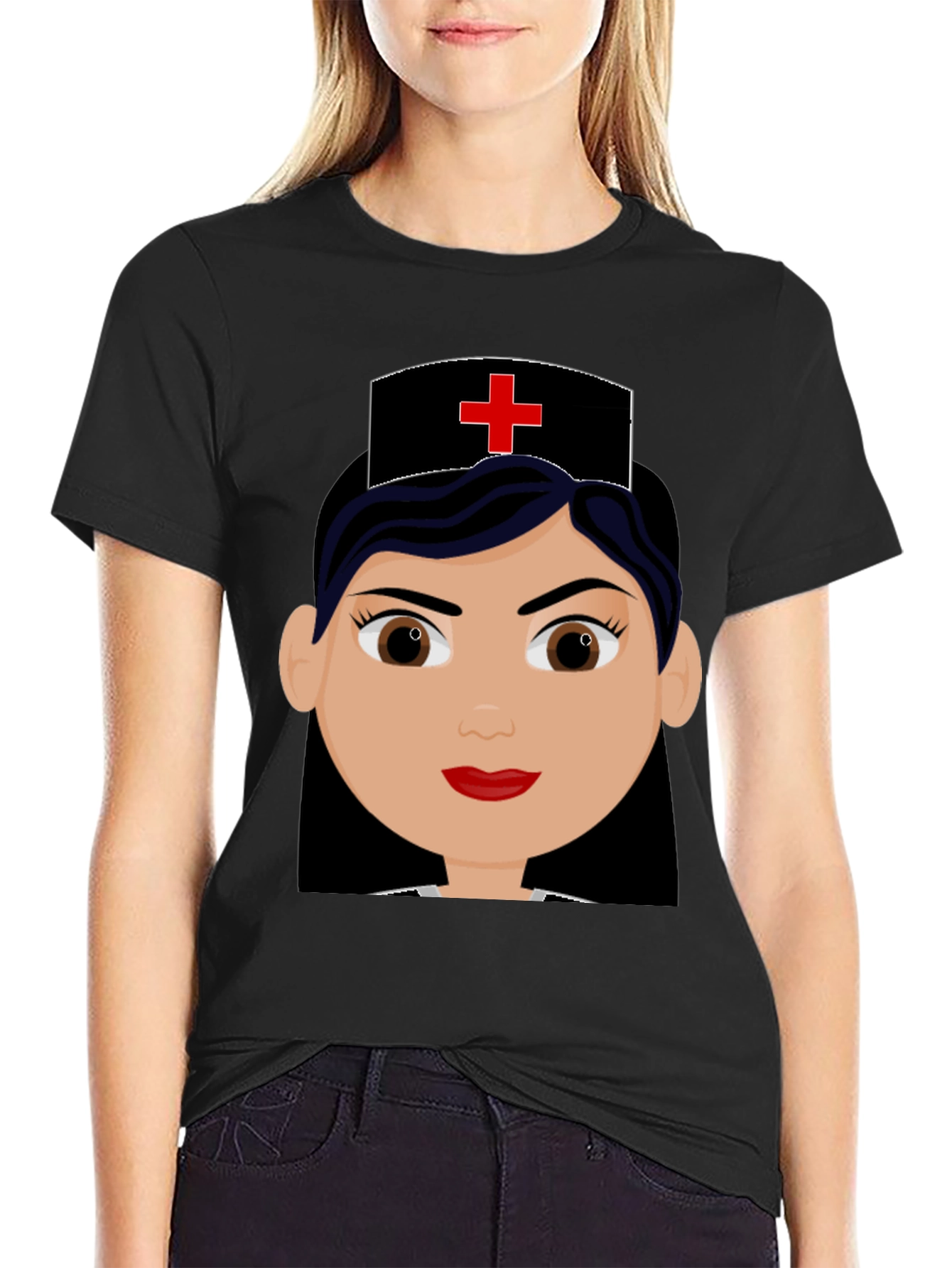 Cartoon Nurse Graphic Black T-Shirt