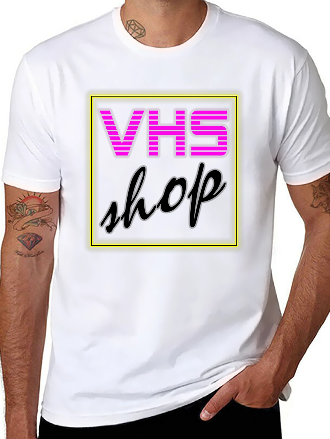 Retro VHS Shop Graphic Tee - Neon Style Black T-Shirt
