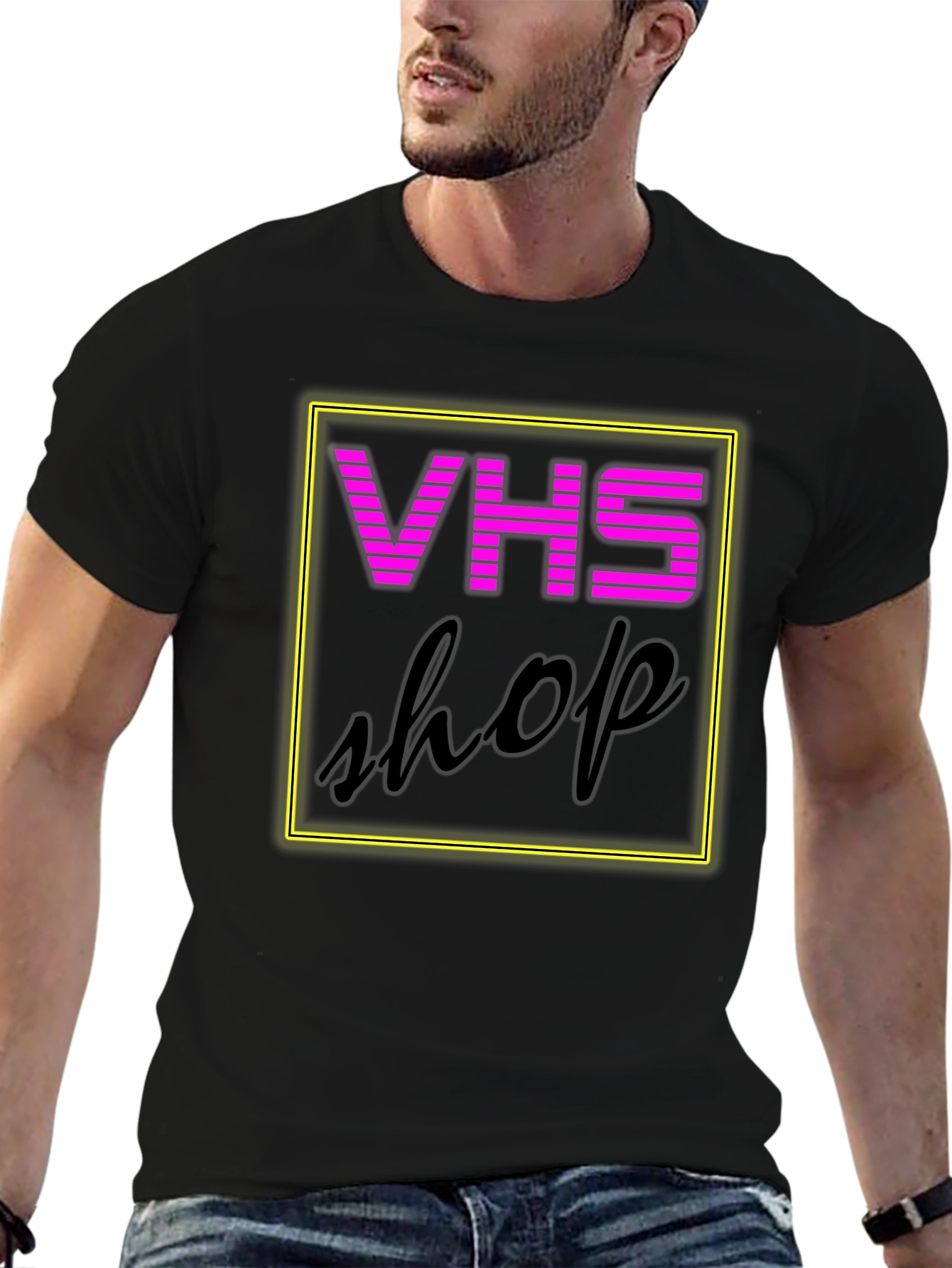 Retro VHS Shop Graphic Tee - Neon Style Black T-Shirt