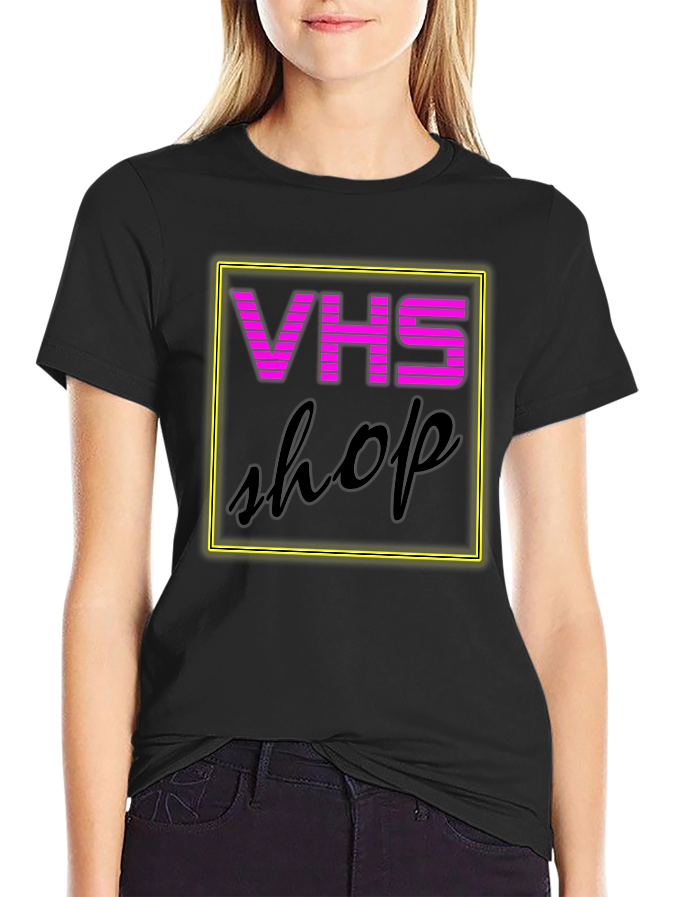 Retro VHS Shop Graphic Tee - Neon Style Black T-Shirt
