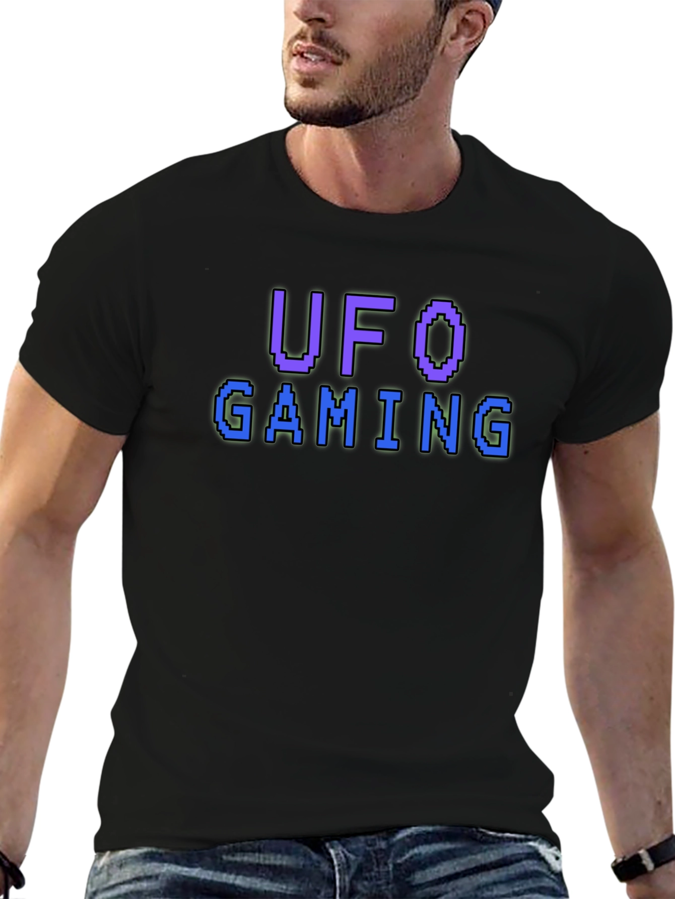 UFO Gaming Pixel Art Black T-Shirt