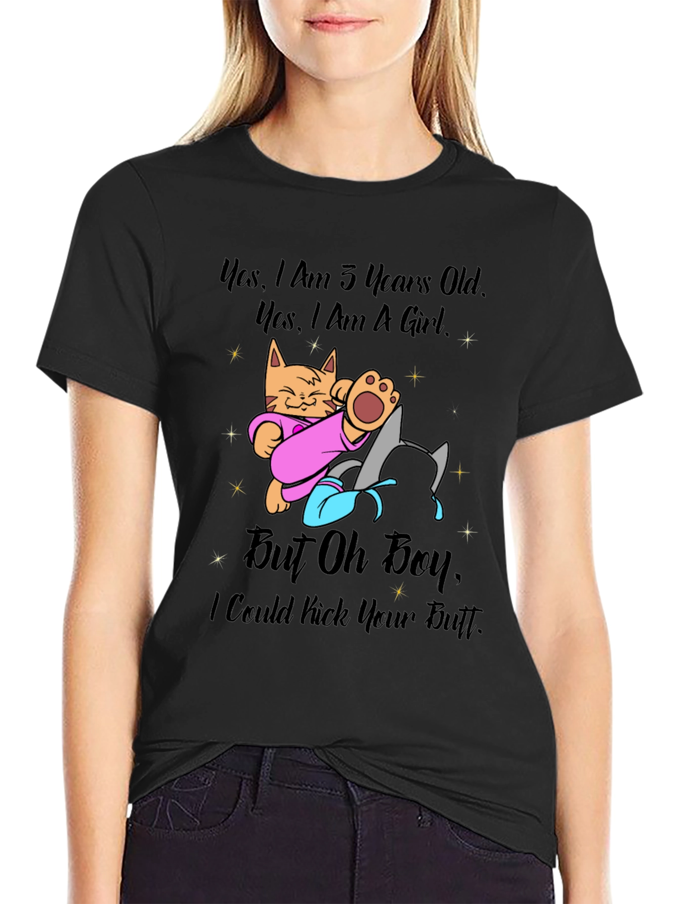 Funny Kitten Graphic Tee - 3 Years Old & Can Kick Butt!