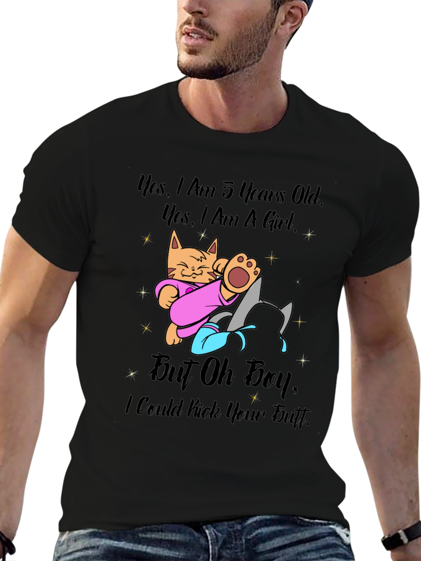 Funny Kitten Graphic Tee - 3 Years Old & Can Kick Butt!
