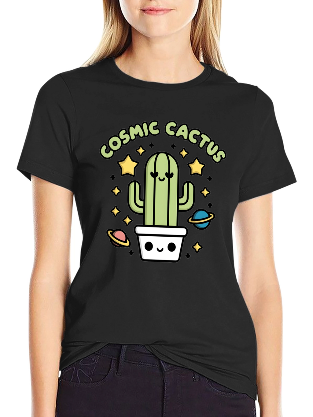 Cosmic Cactus Graphic Tee - Black Cotton T-Shirt