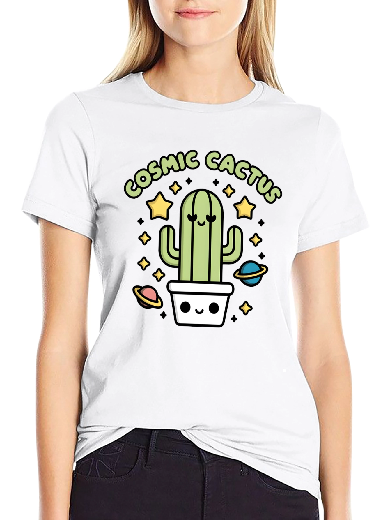 Cosmic Cactus Graphic Tee - Black Cotton T-Shirt
