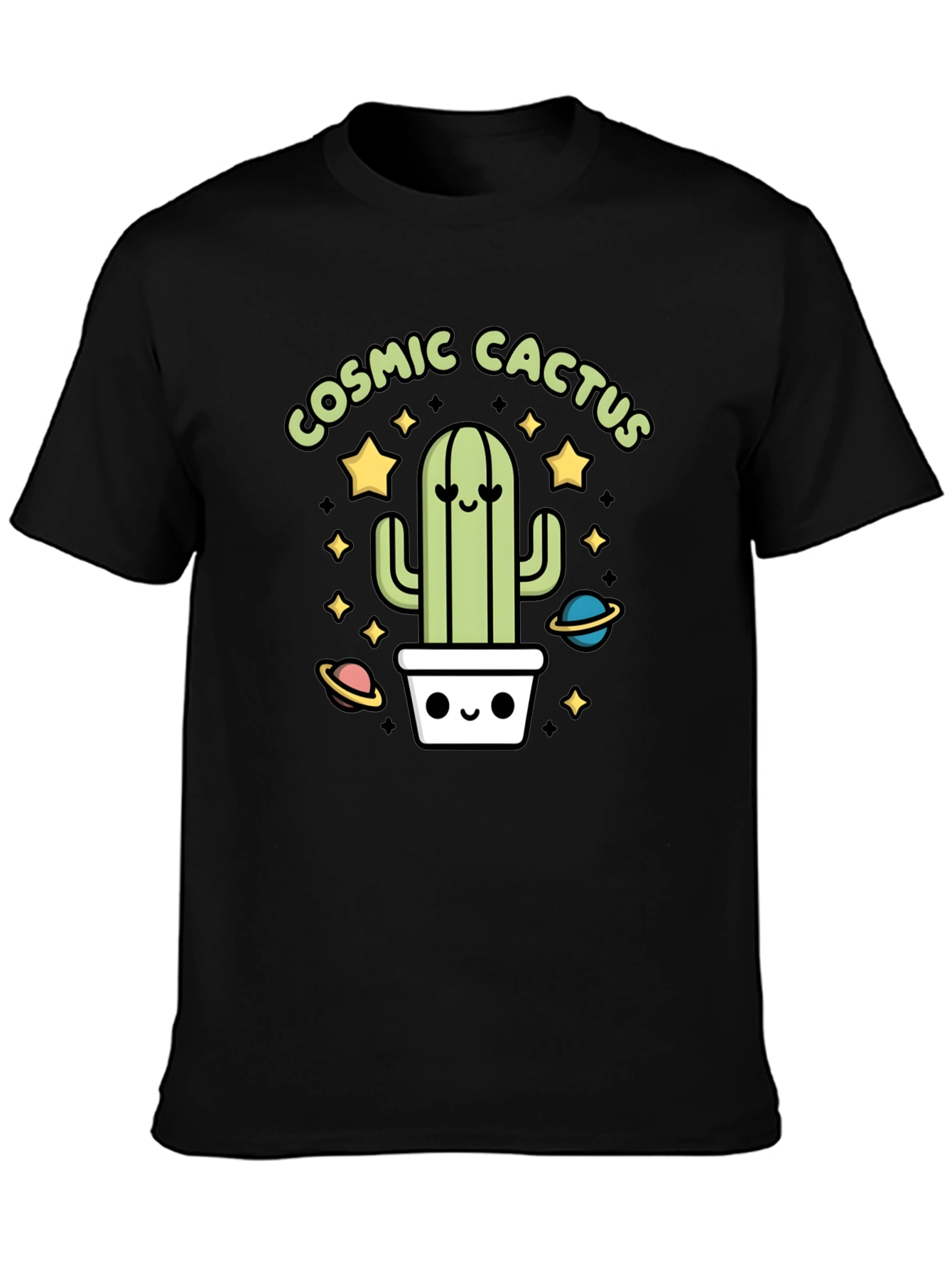 Cosmic Cactus Graphic Tee - Black Cotton T-Shirt