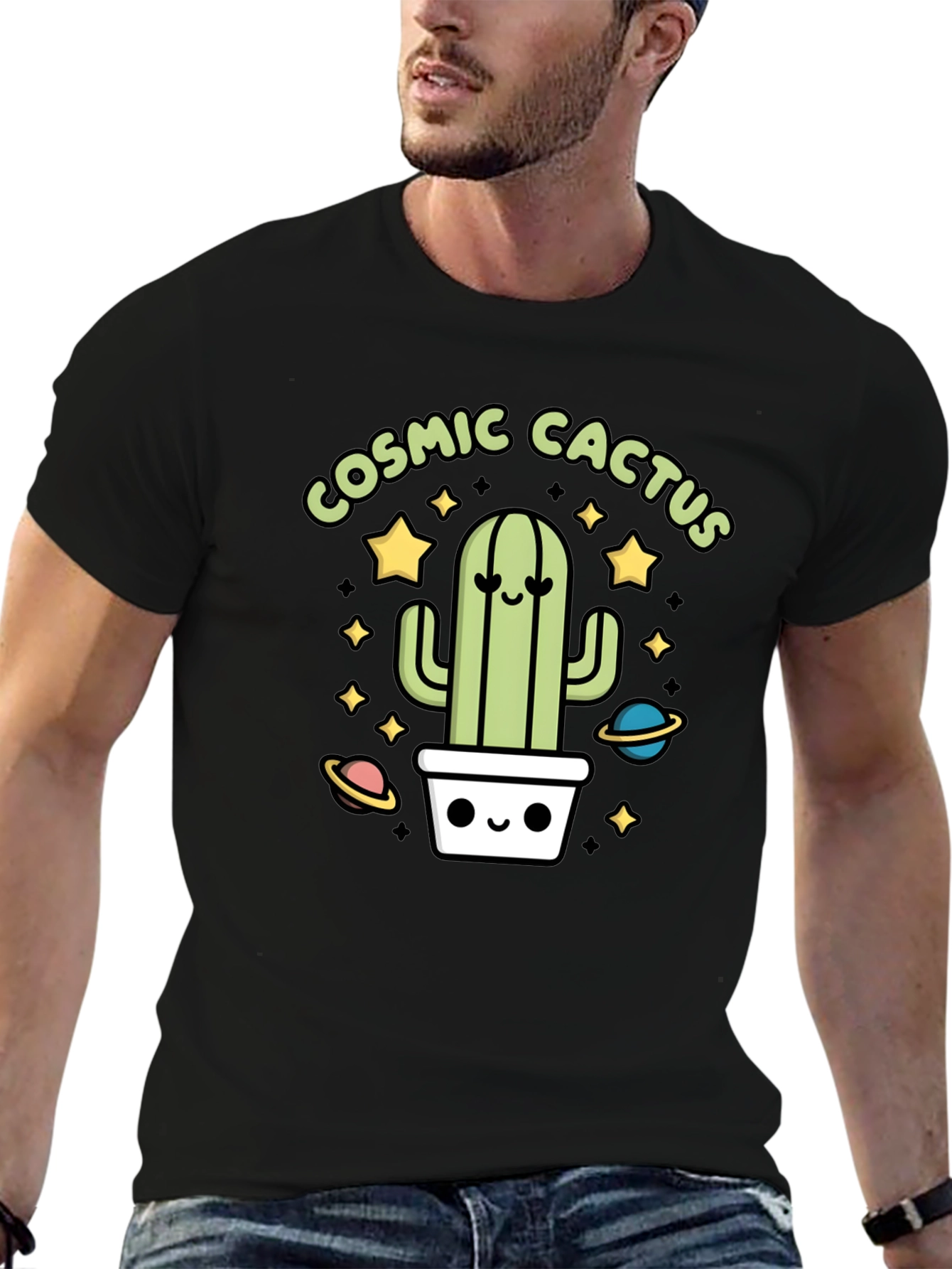 Cosmic Cactus Graphic Tee - Black Cotton T-Shirt