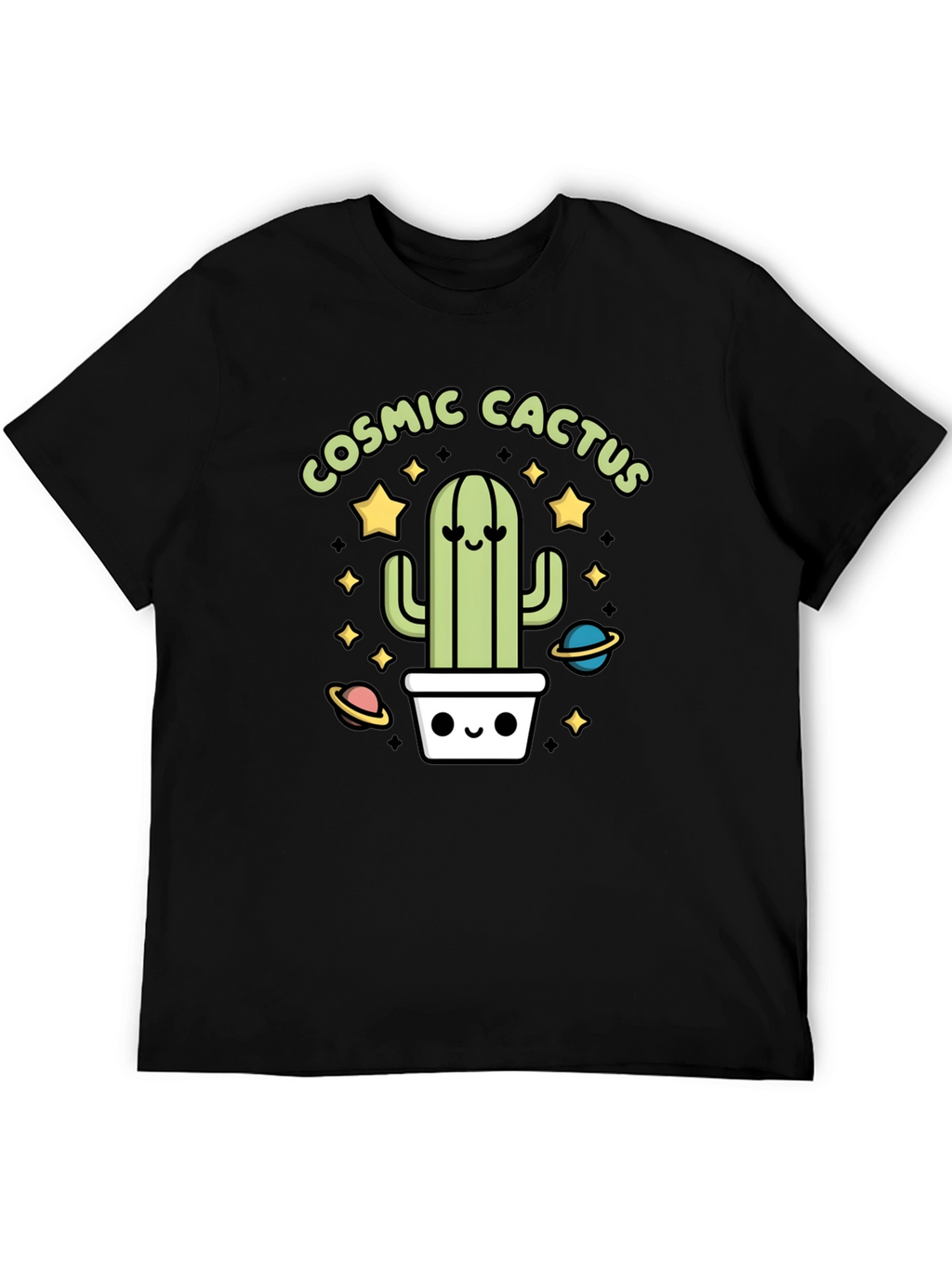 Cosmic Cactus Graphic Tee - Black Cotton T-Shirt