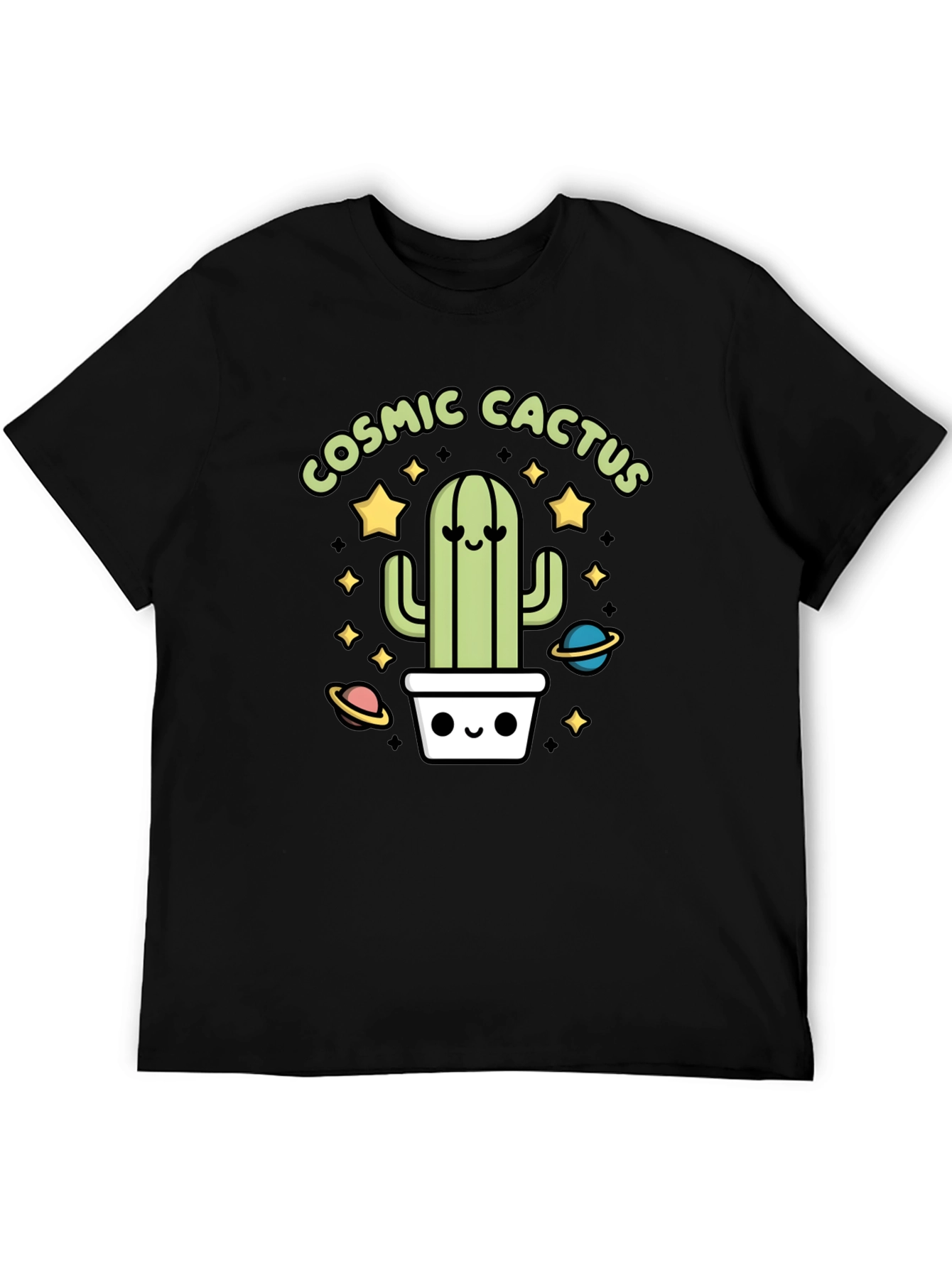 Cosmic Cactus Graphic Tee - Black Cotton T-Shirt