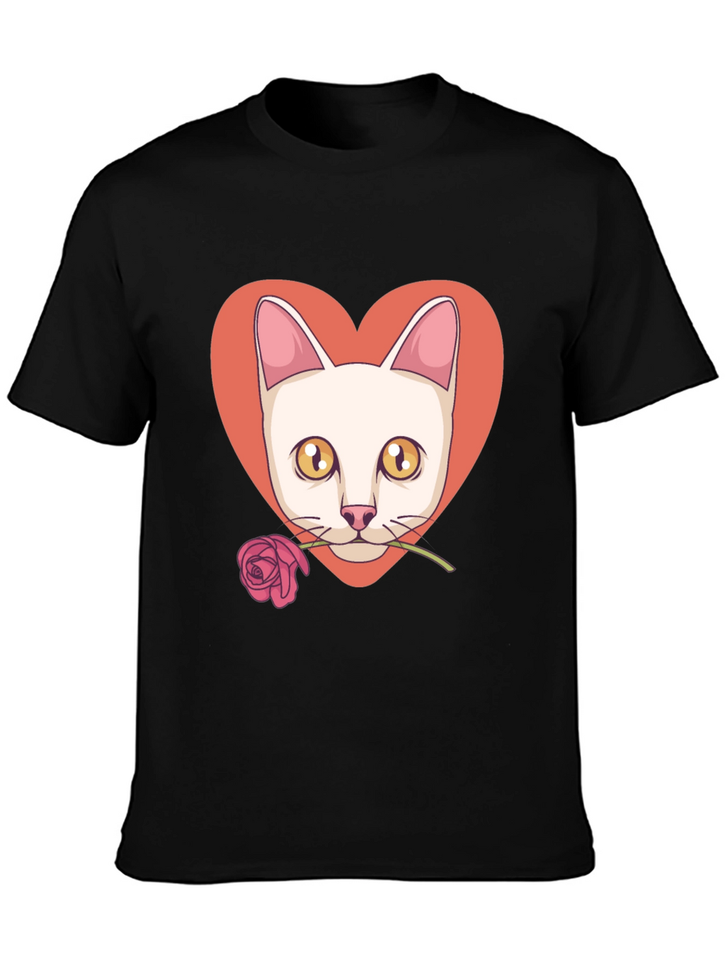 Cat & Rose Heart Graphic T-Shirt - Black
