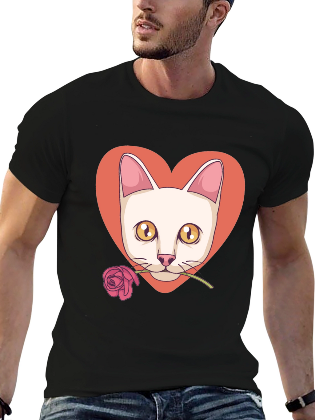Cat & Rose Heart Graphic T-Shirt - Black