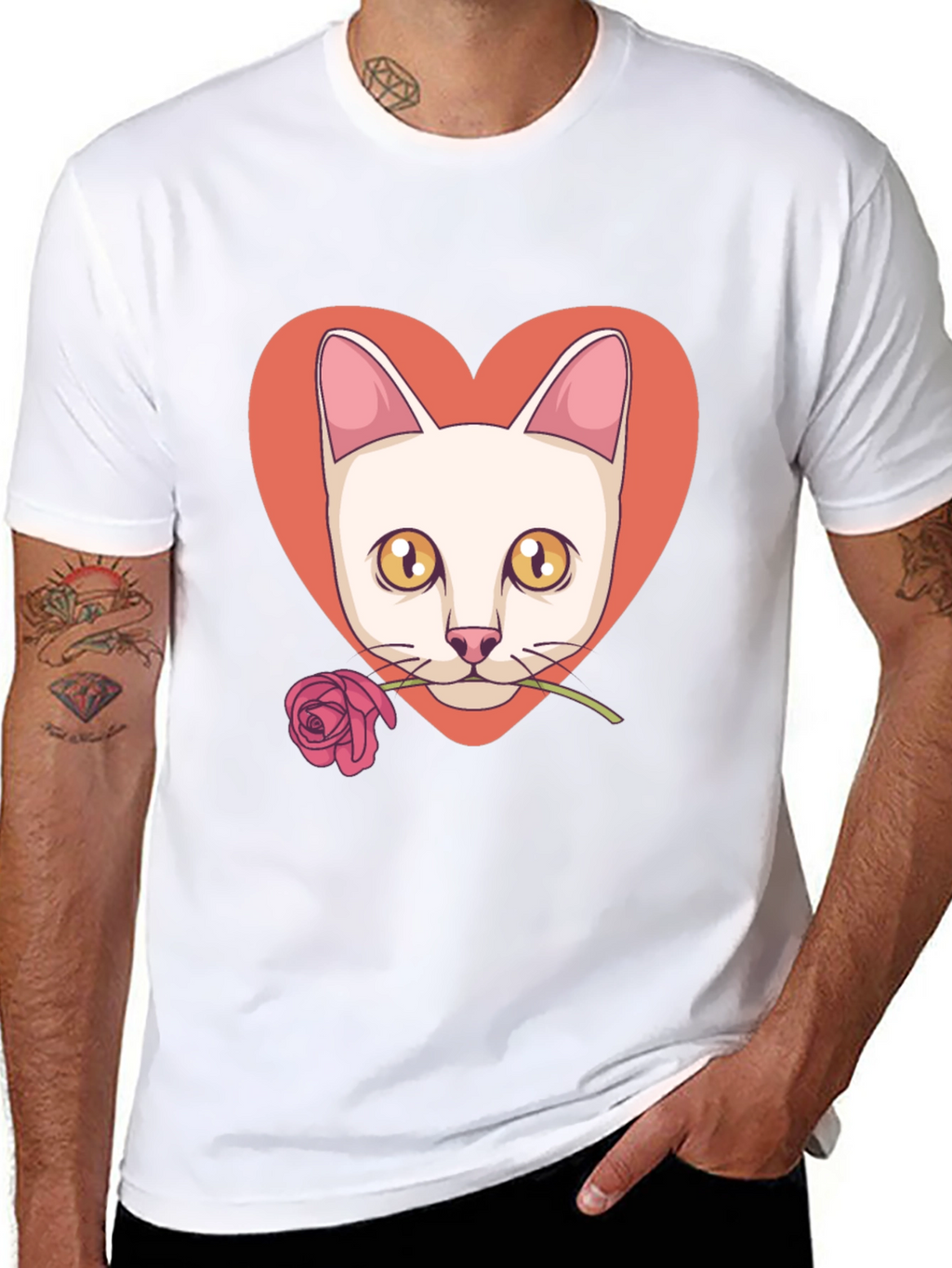 Cat & Rose Heart Graphic T-Shirt - Black