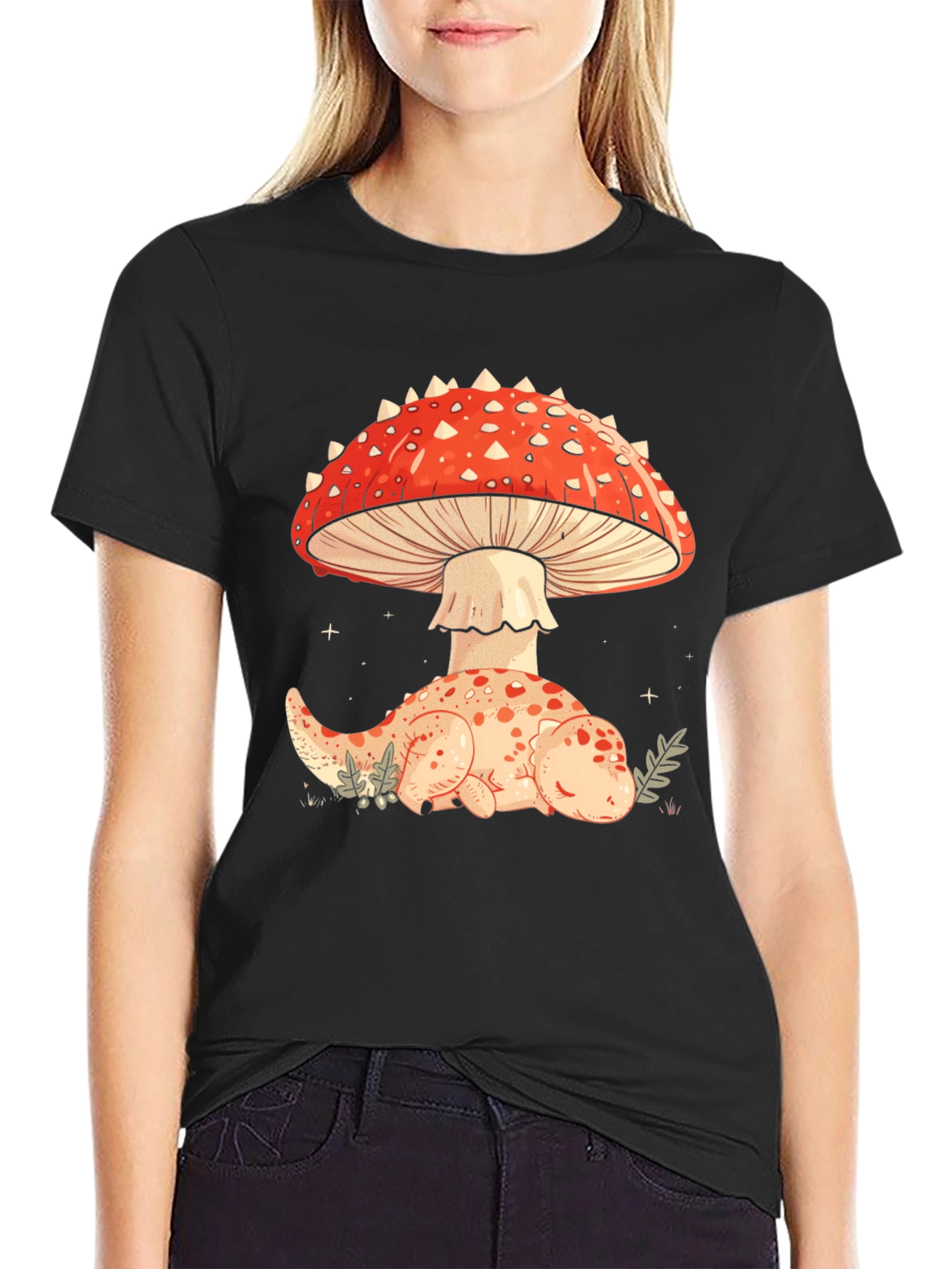 Mushroom Dino Black Graphic Tee