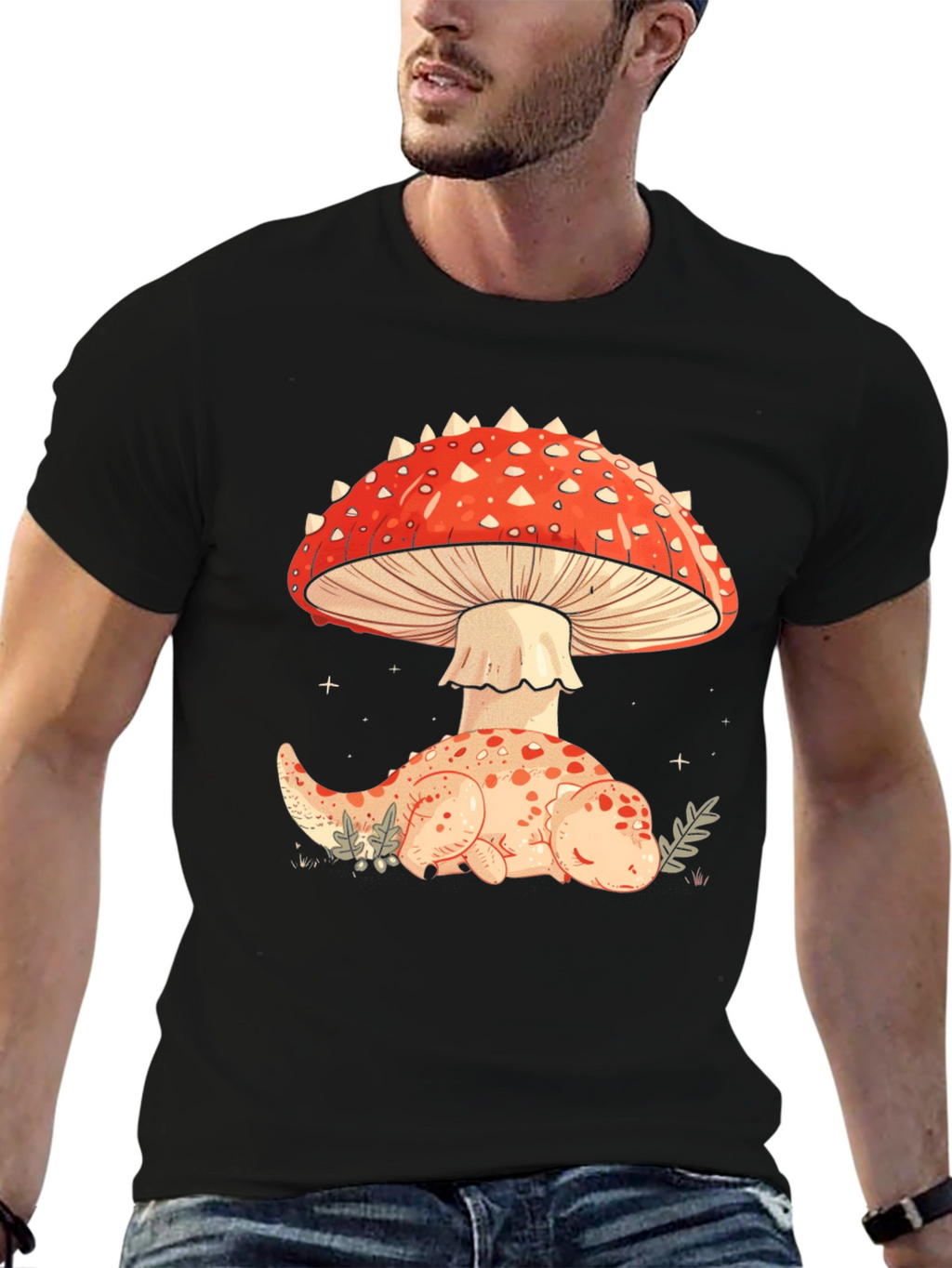 Mushroom Dino Black Graphic Tee