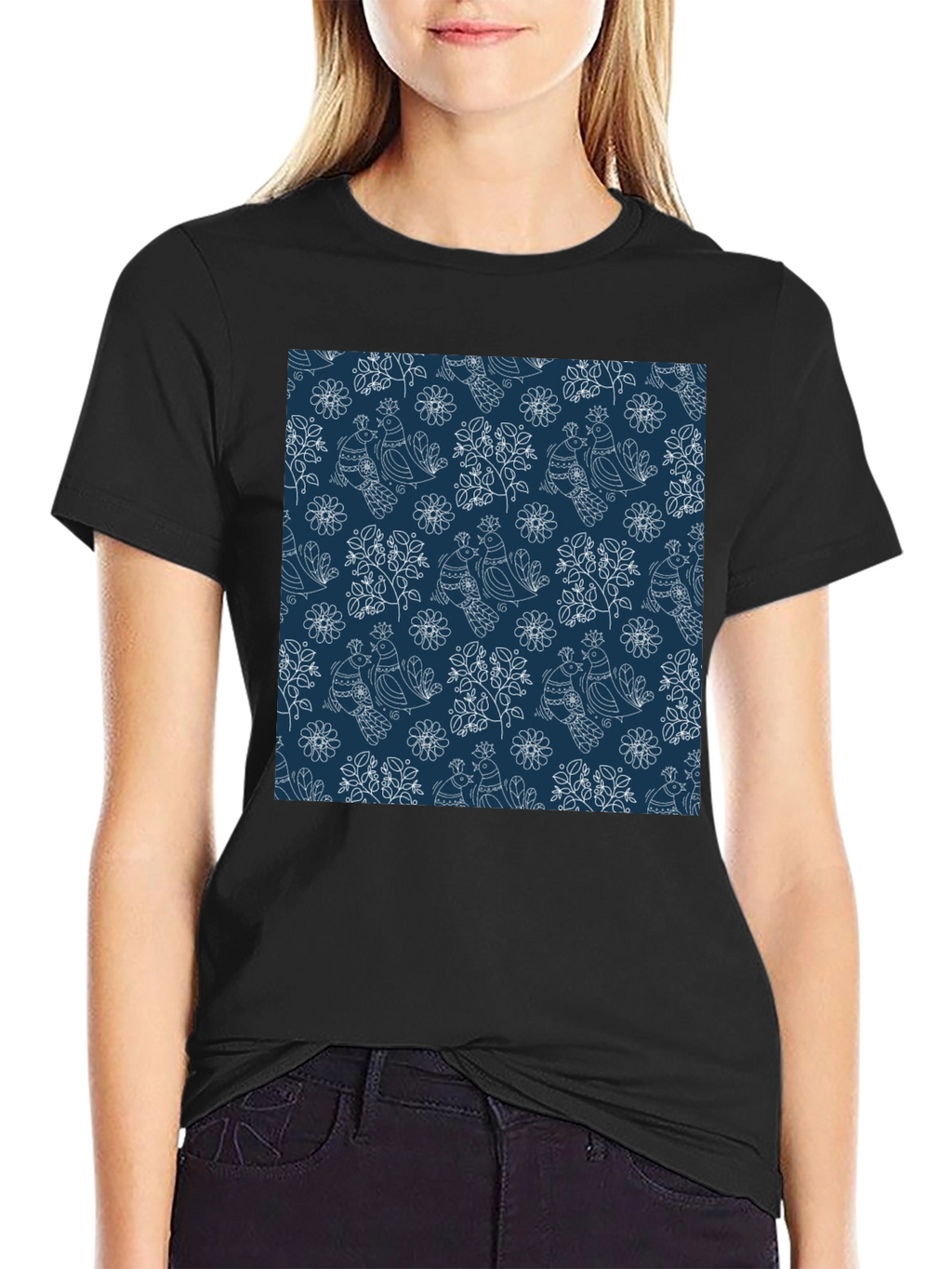 Stylish Bird Pattern Black T-Shirt