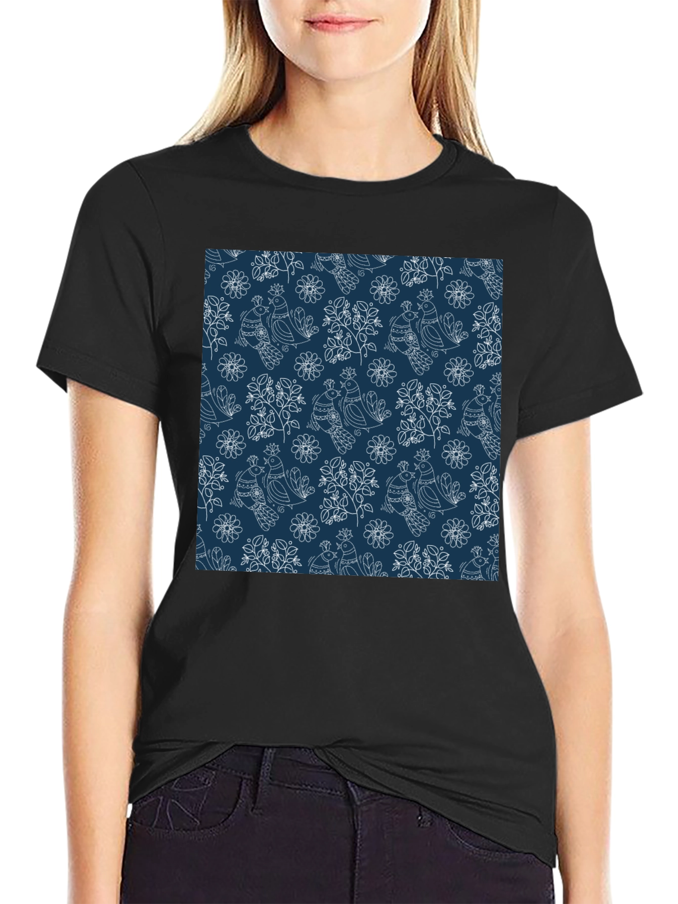 Stylish Bird Pattern Black T-Shirt