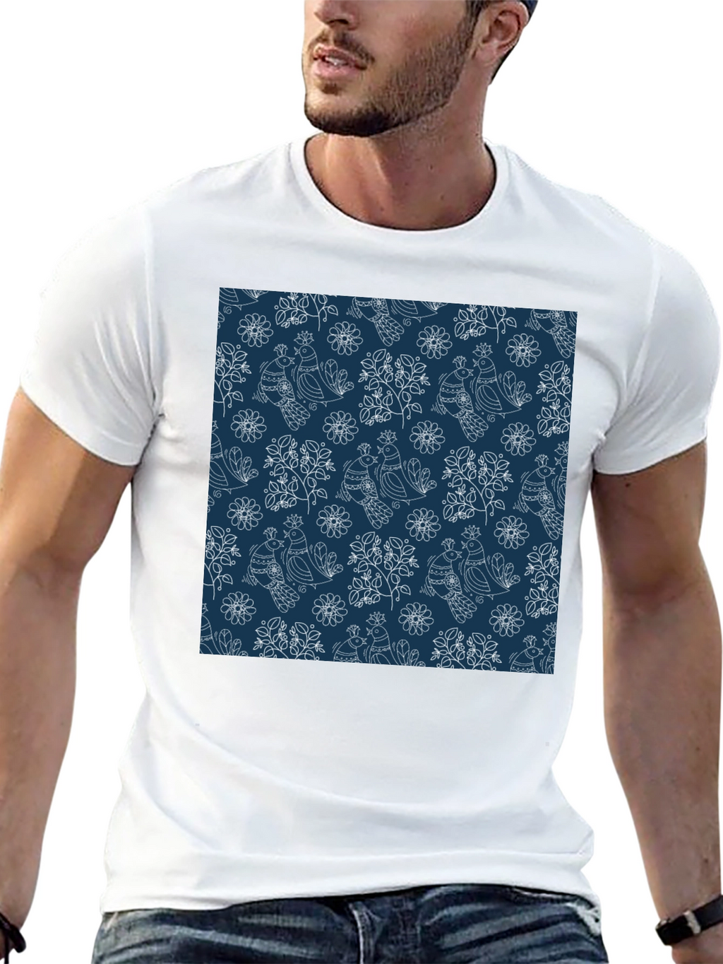 Stylish Bird Pattern Black T-Shirt