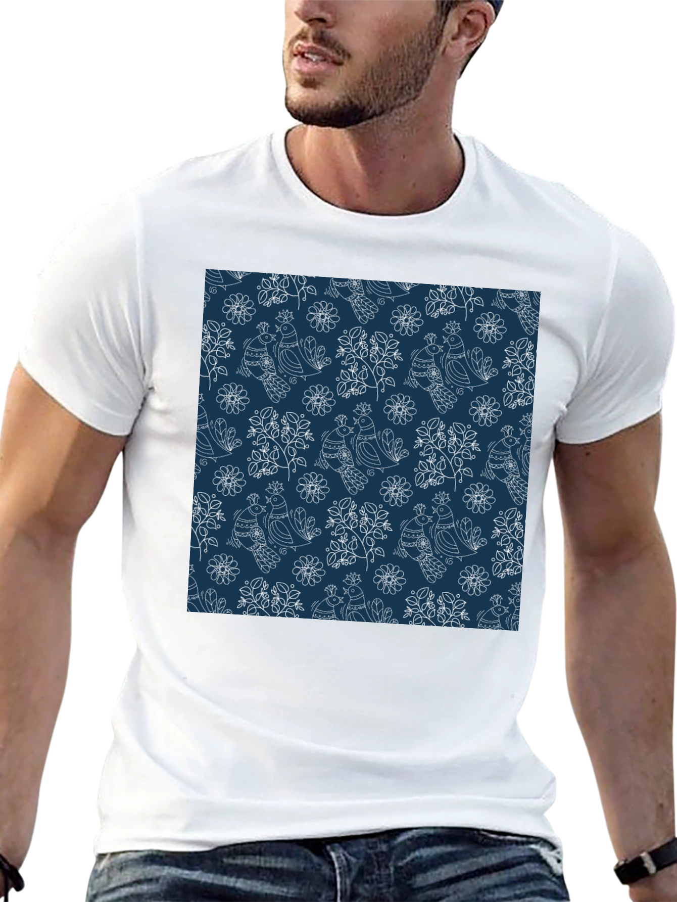 Stylish Bird Pattern Black T-Shirt