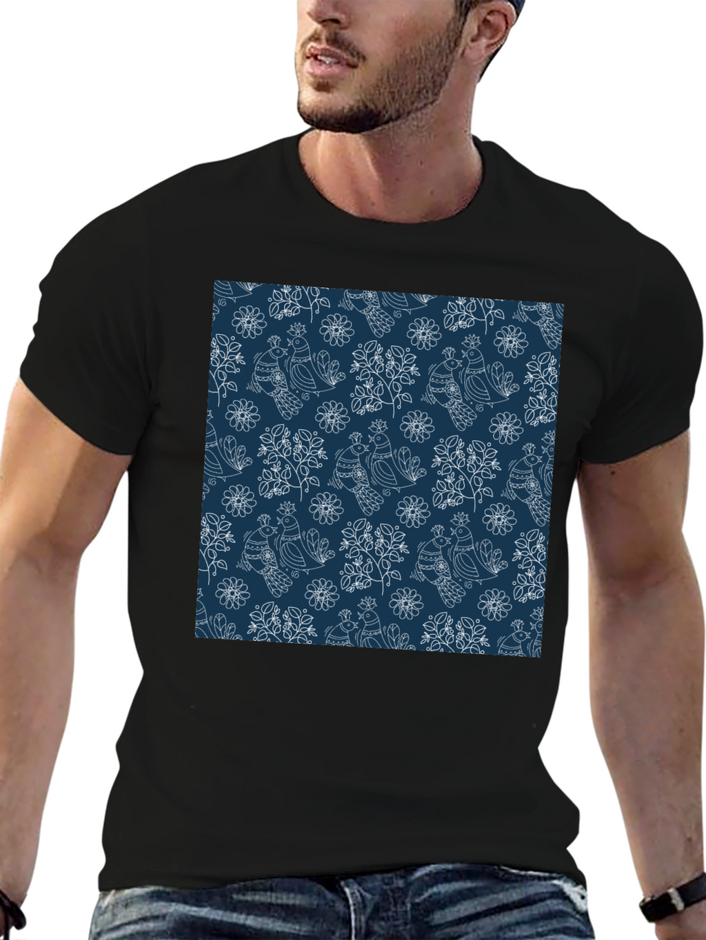Stylish Bird Pattern Black T-Shirt