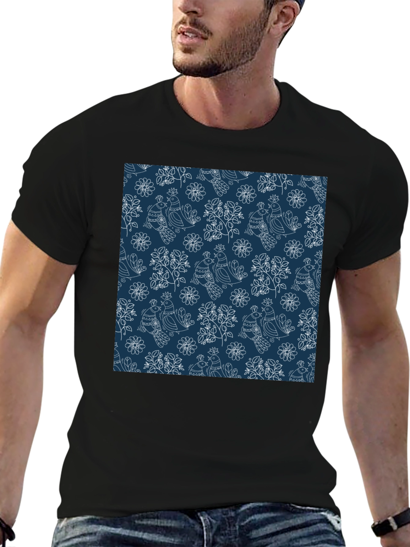 Stylish Bird Pattern Black T-Shirt
