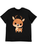 Cute Cartoon Deer Graphic Black T-Shirt