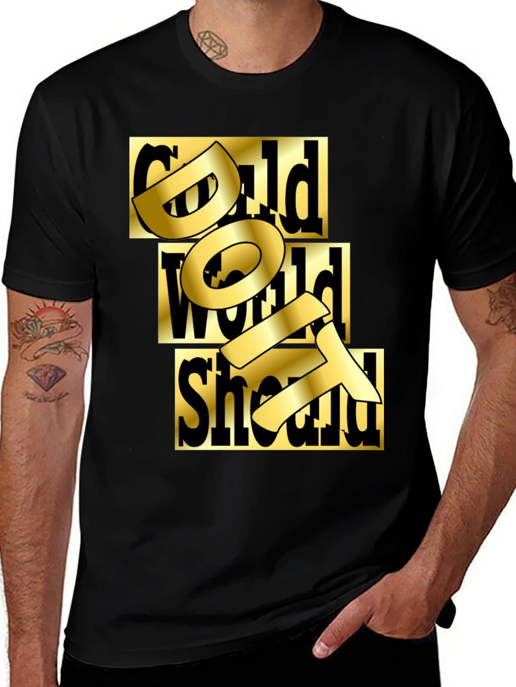 Gold Text Graphic Black T-Shirt