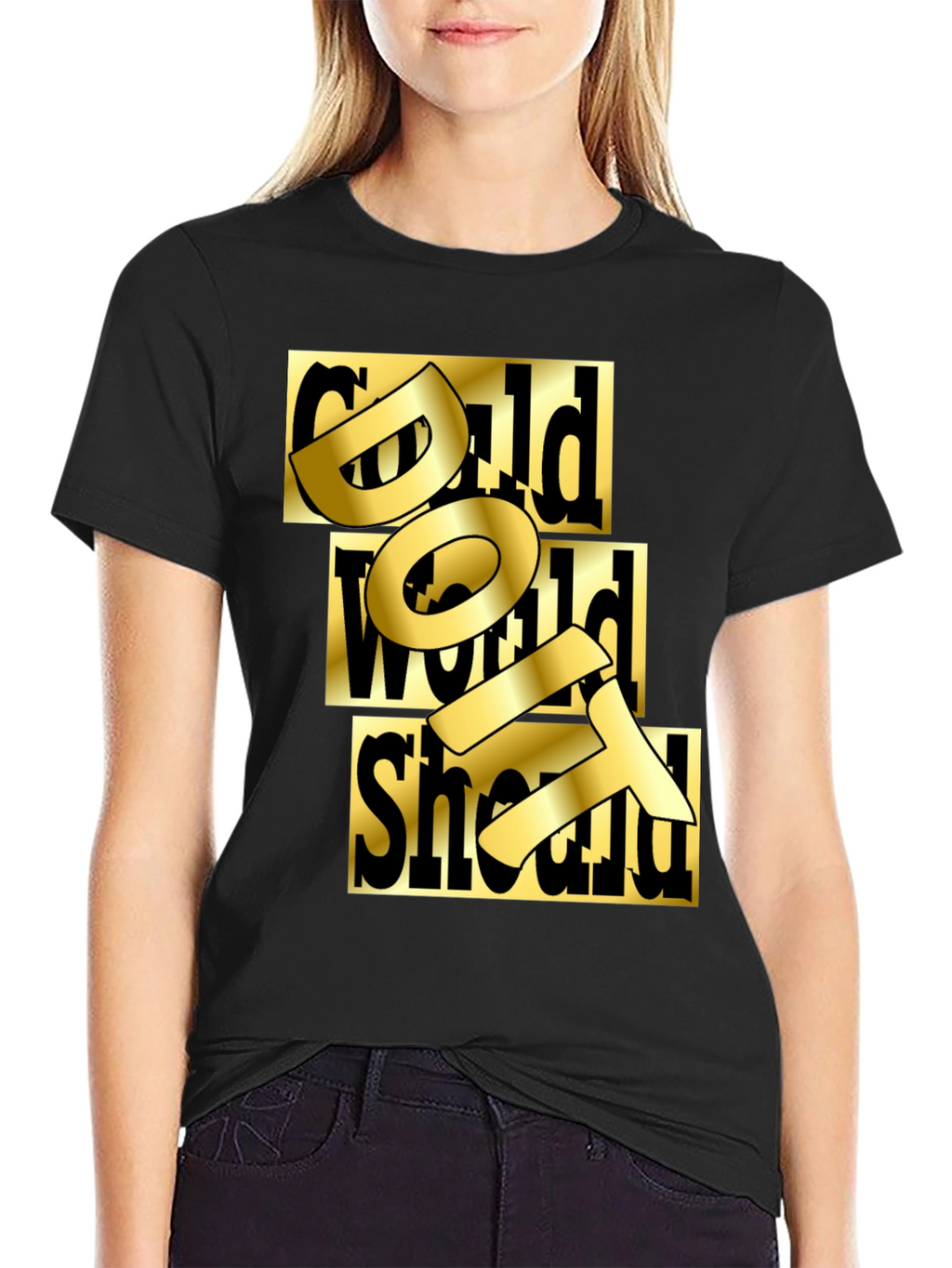Gold Text Graphic Black T-Shirt