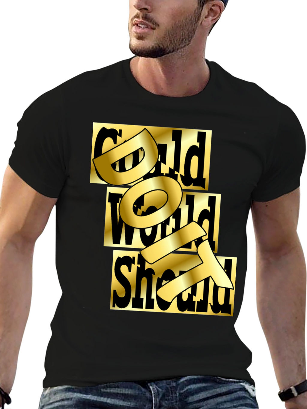 Gold Text Graphic Black T-Shirt