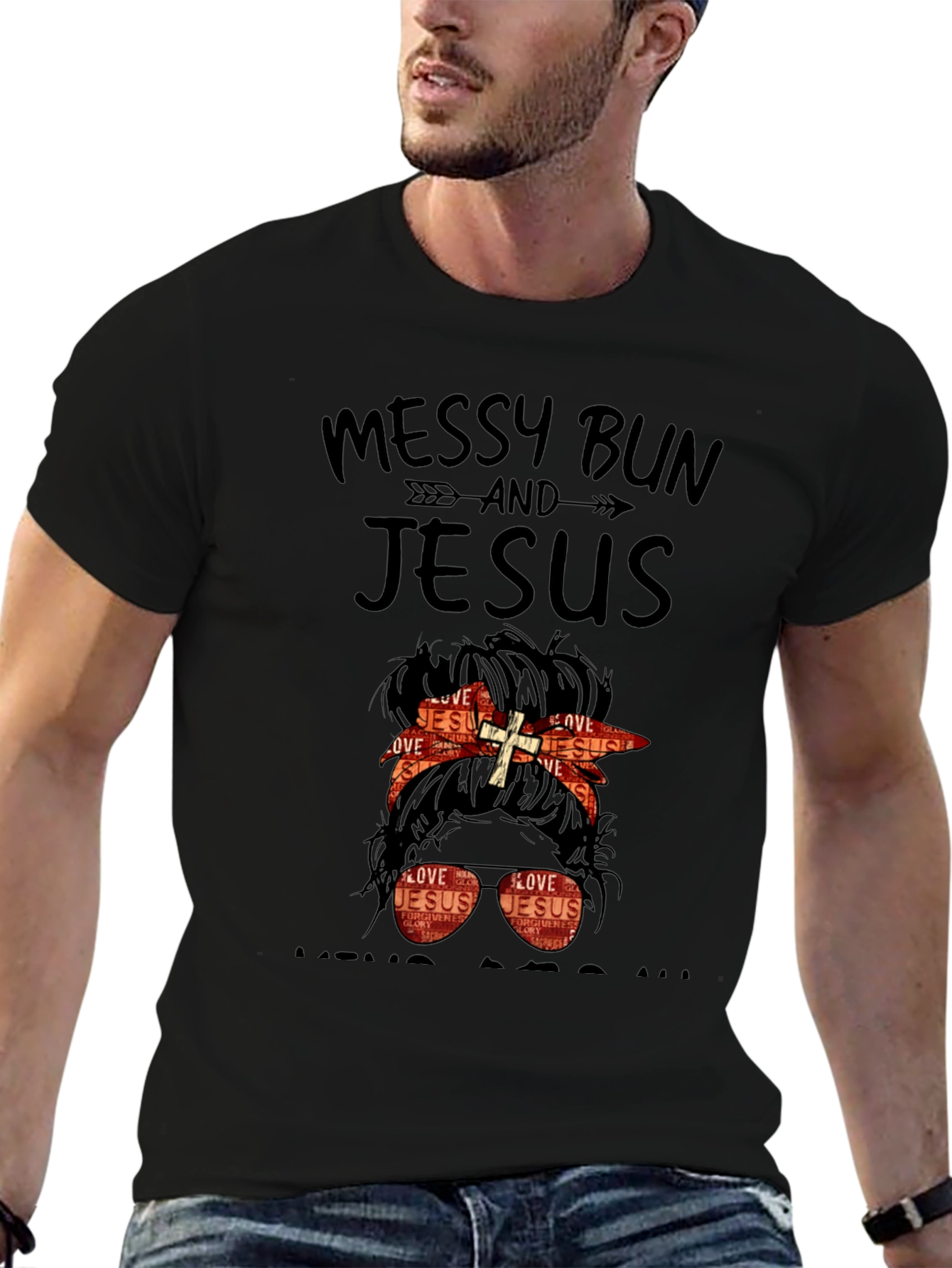 Messy Bun and Jesus Graphic T-Shirt