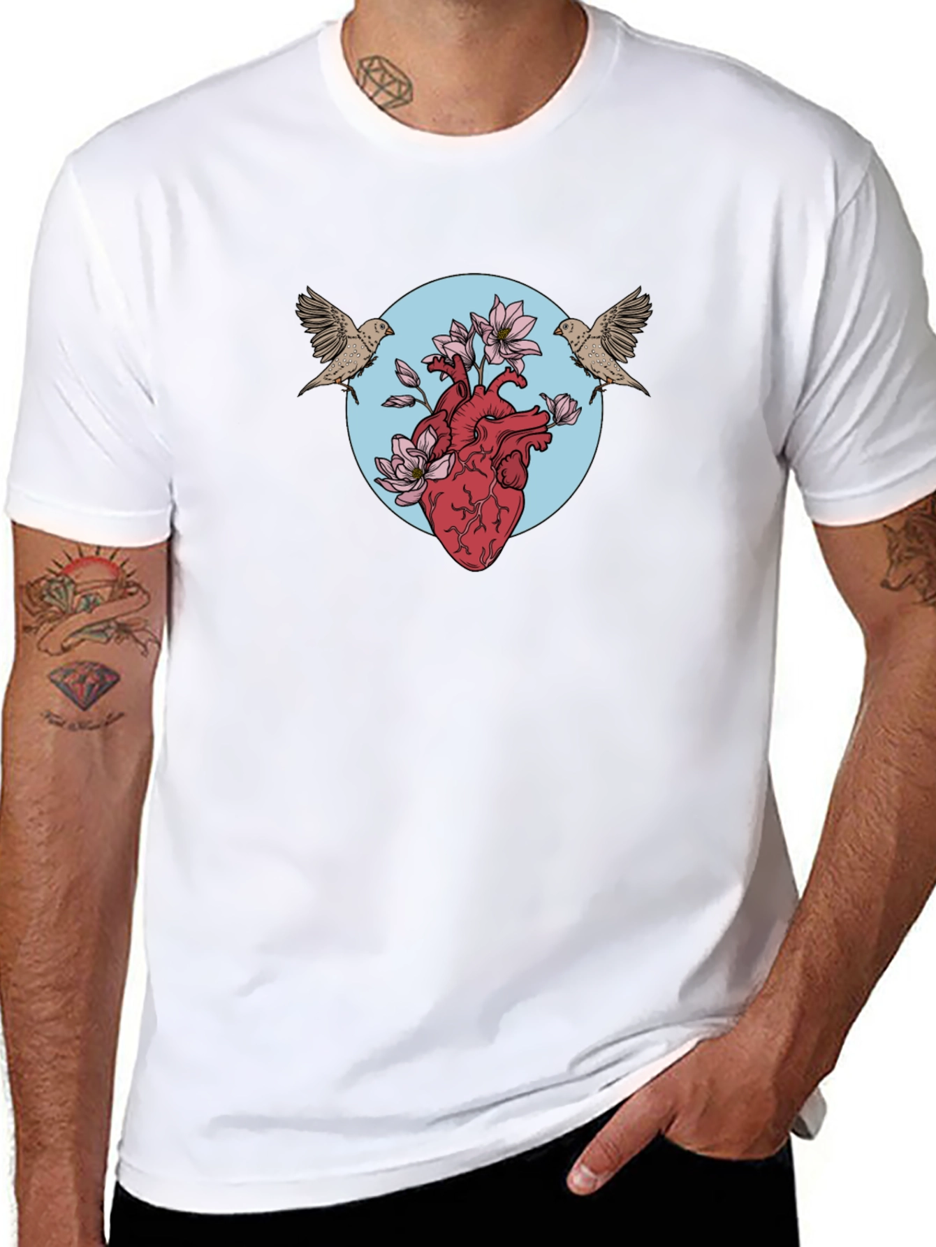 Heart & Birds Graphic Tee - Unique Design