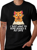 Cat Reading Books T-Shirt Pet Lover Tee