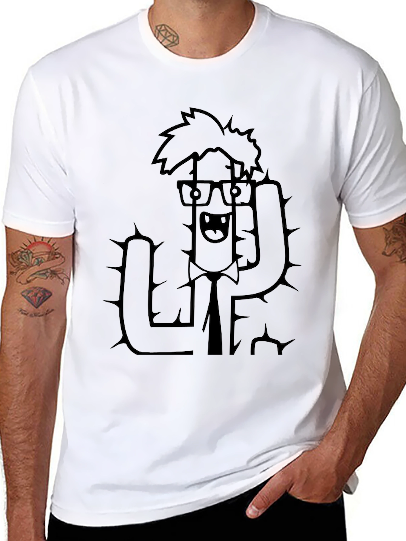 Nerdy Cactus Graphic Tee - Black Cotton T-Shirt