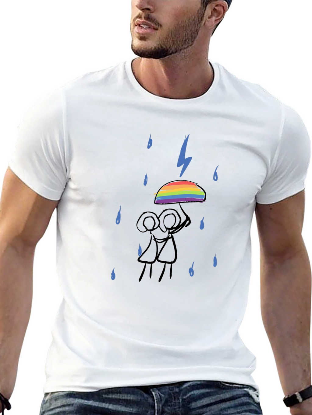 Rainbow Umbrella Graphic Tee - Black Cotton T-Shirt