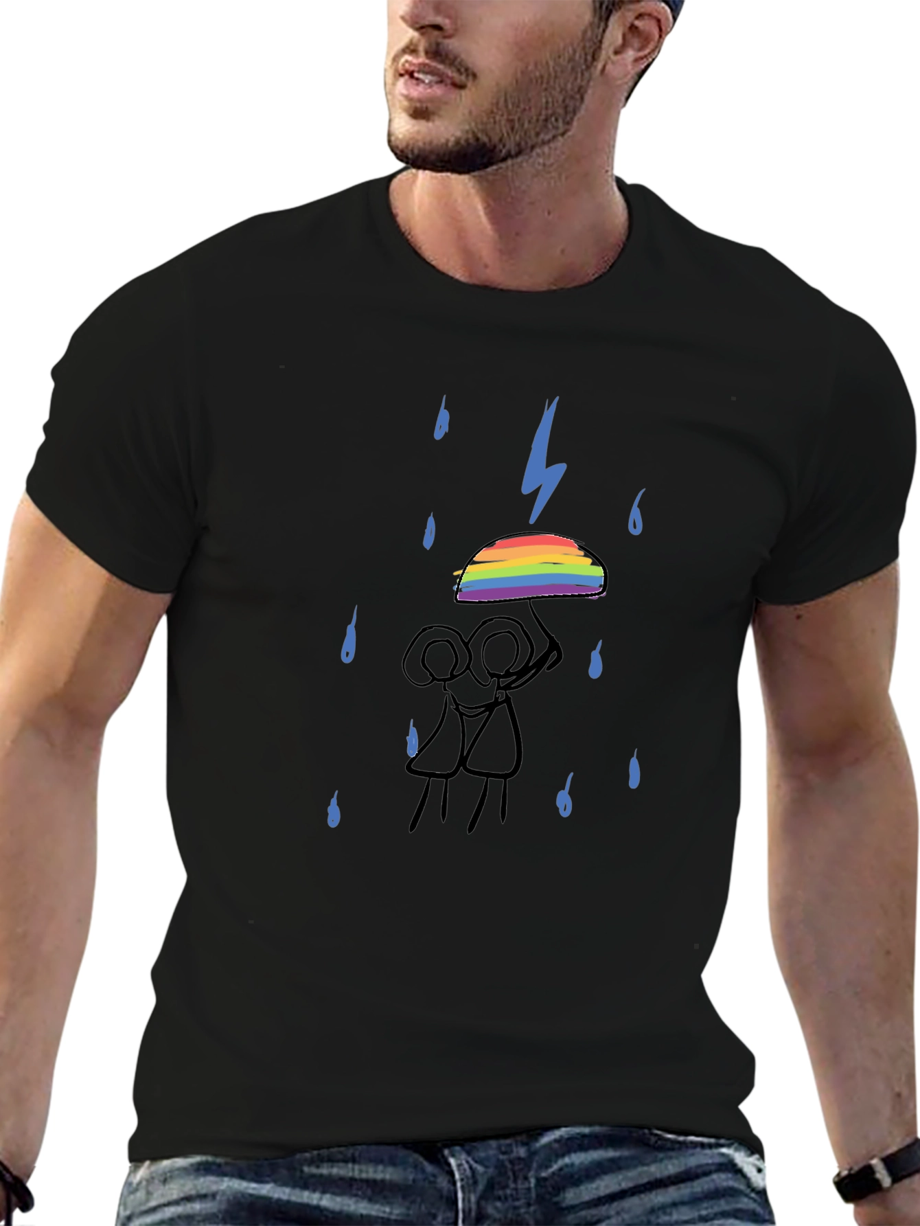 Rainbow Umbrella Graphic Tee - Black Cotton T-Shirt