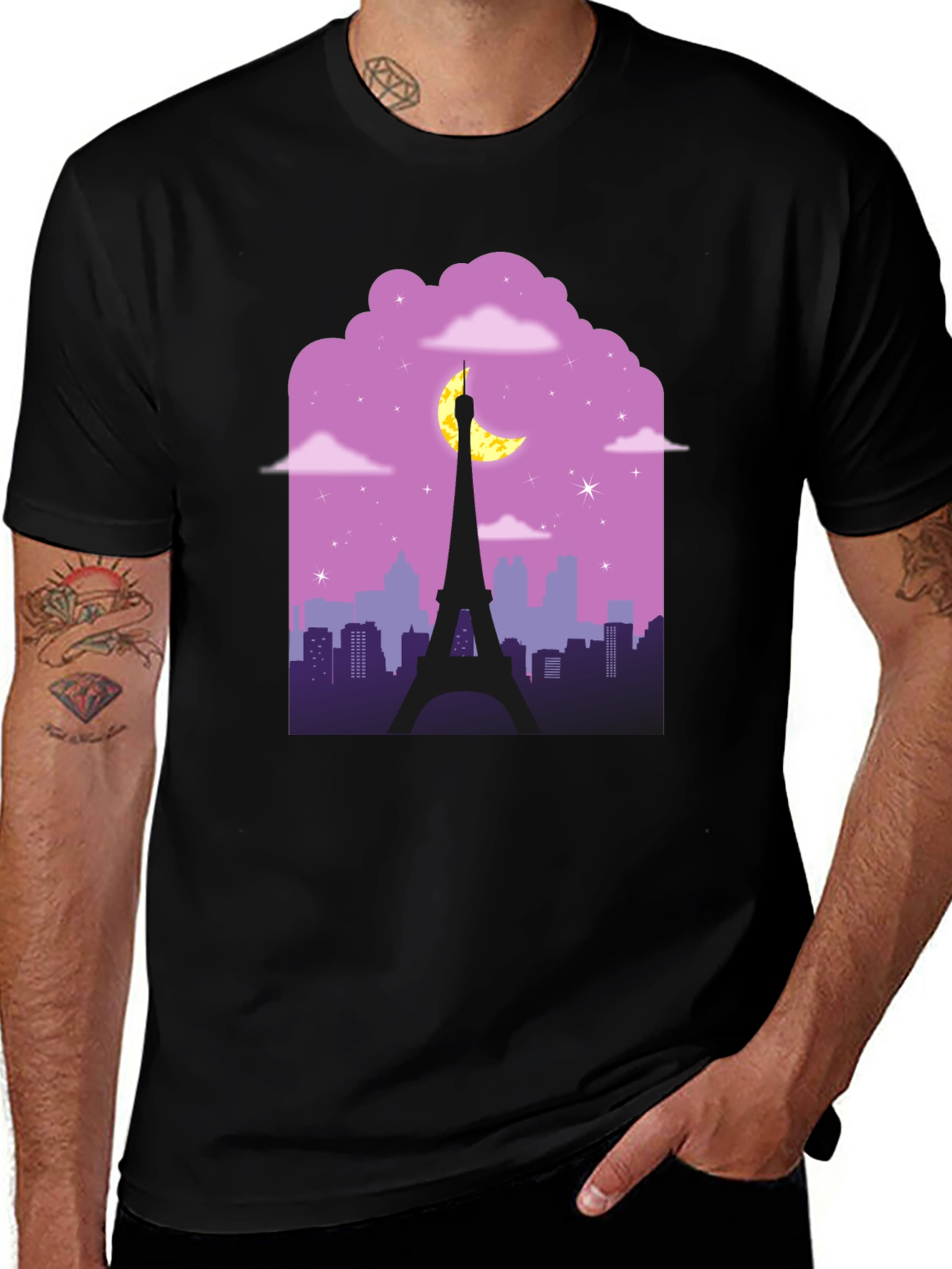 Paris Nightscape Graphic Tee - Black Cotton T-Shirt