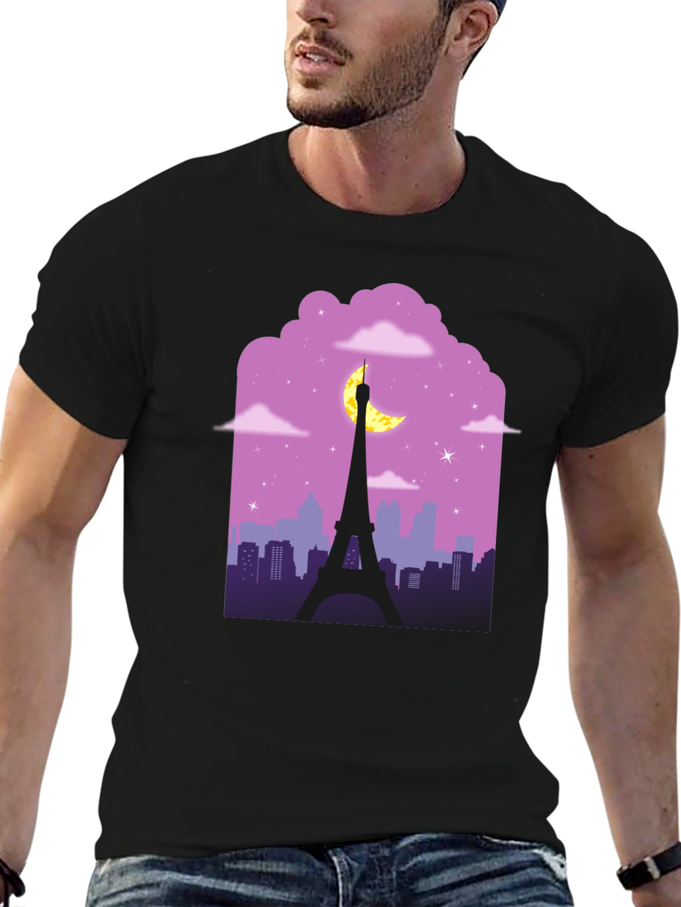 Paris Nightscape Graphic Tee - Black Cotton T-Shirt