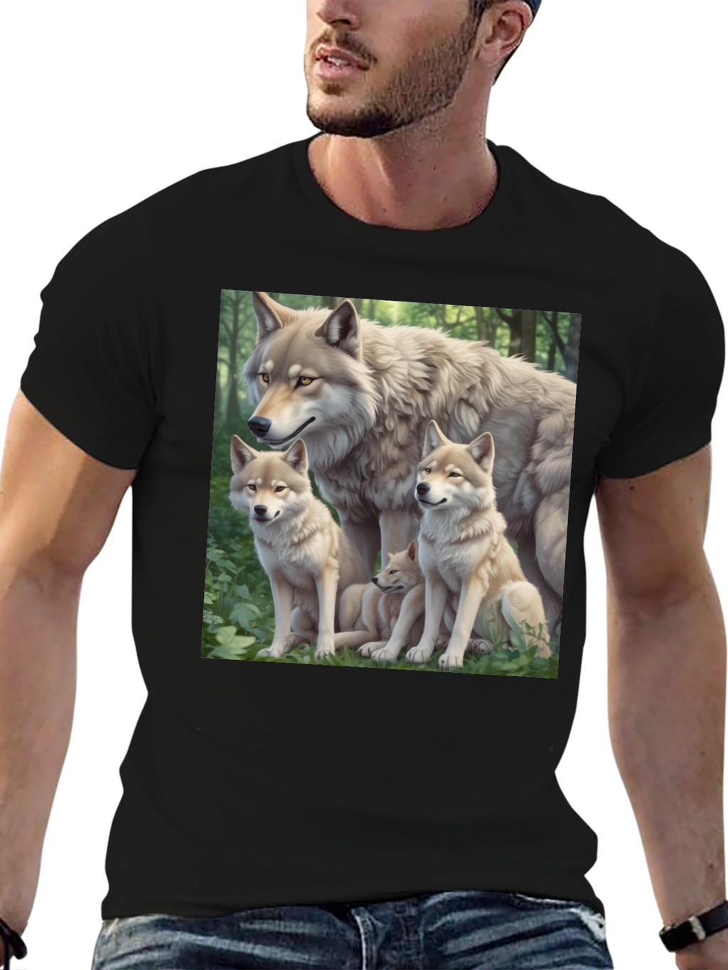 Wolf Pack Graphic Tee - Black Cotton T-Shirt