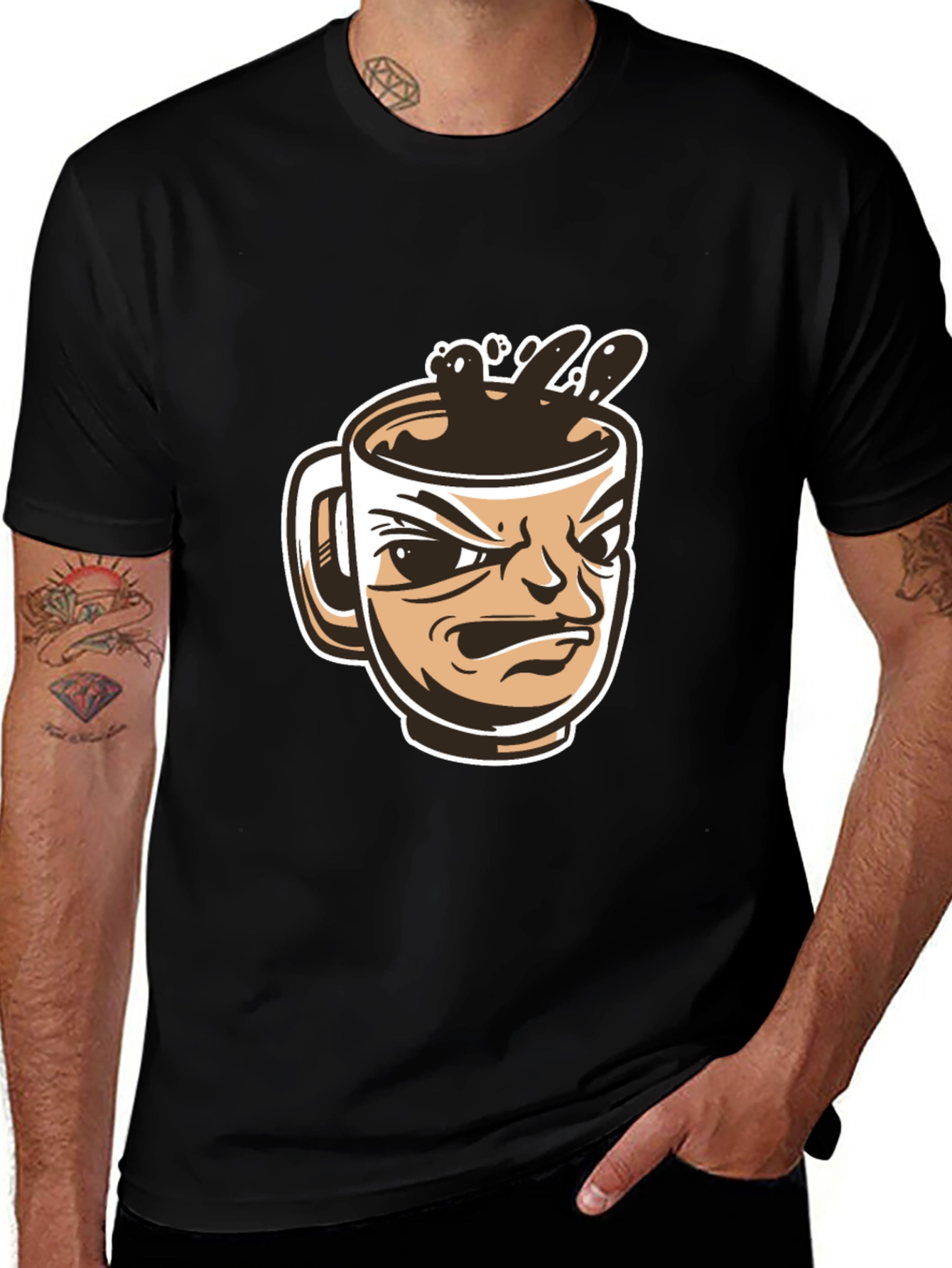 Mens Black T-Shirt - Angry Coffee Cup Design